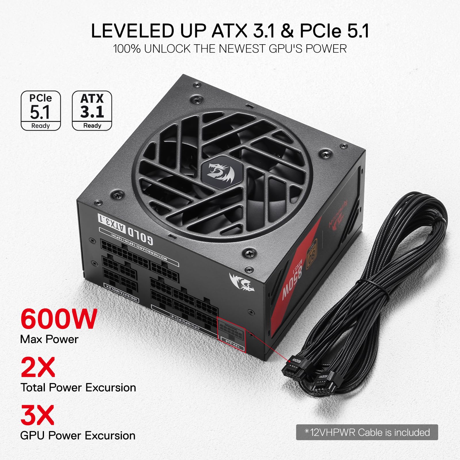 Redragon Rgms-850W Pro 80+ Gold 850 Watt Power Supply W/Upgraded Atx 3.1 & Pcie 5.1 Fully Modular, Compact 150Mm Size, Smart Eco