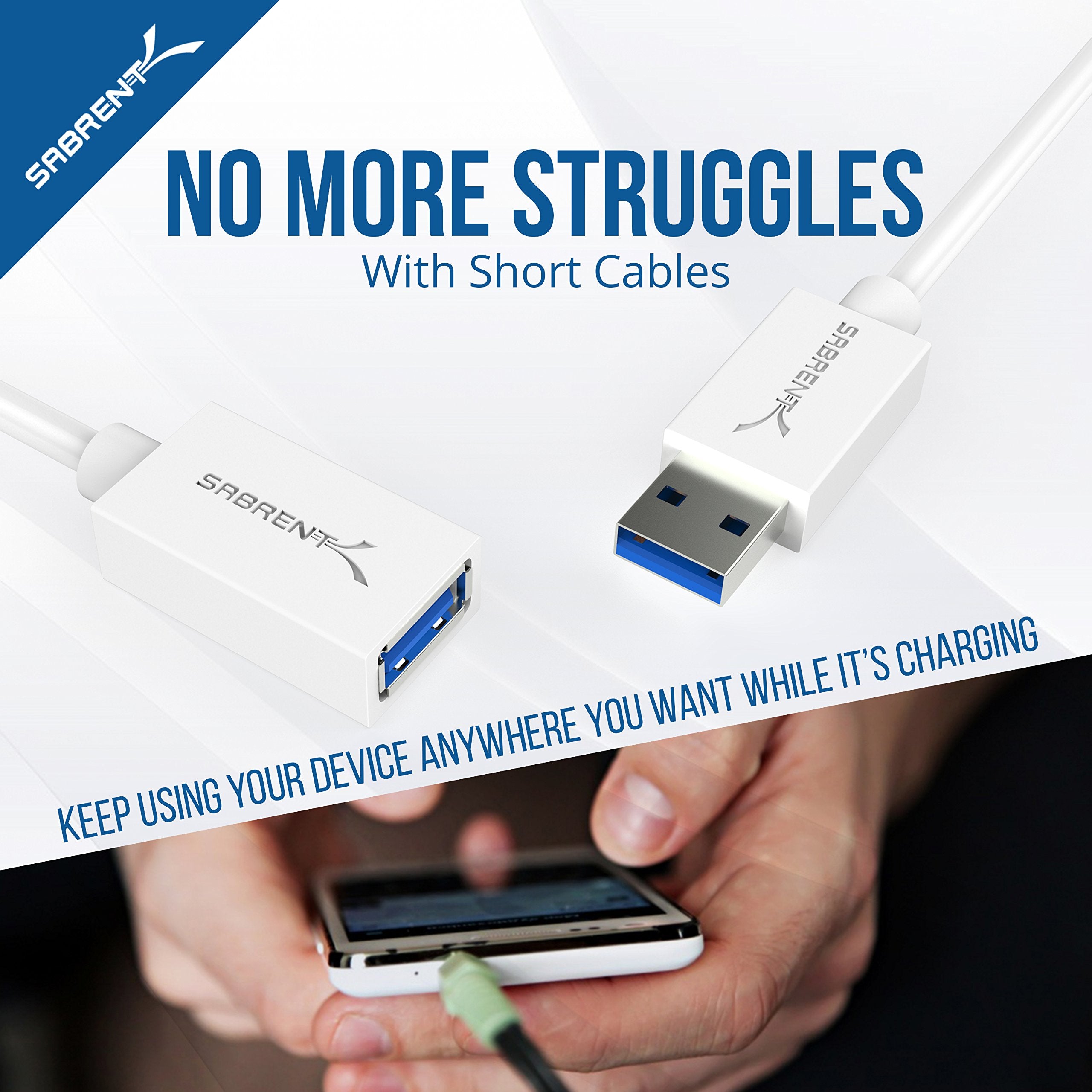 Sabrent 22Awg Usb 3.0 Extension Cable   A Male To A Female [White] 10 Feet (Cb 301W)