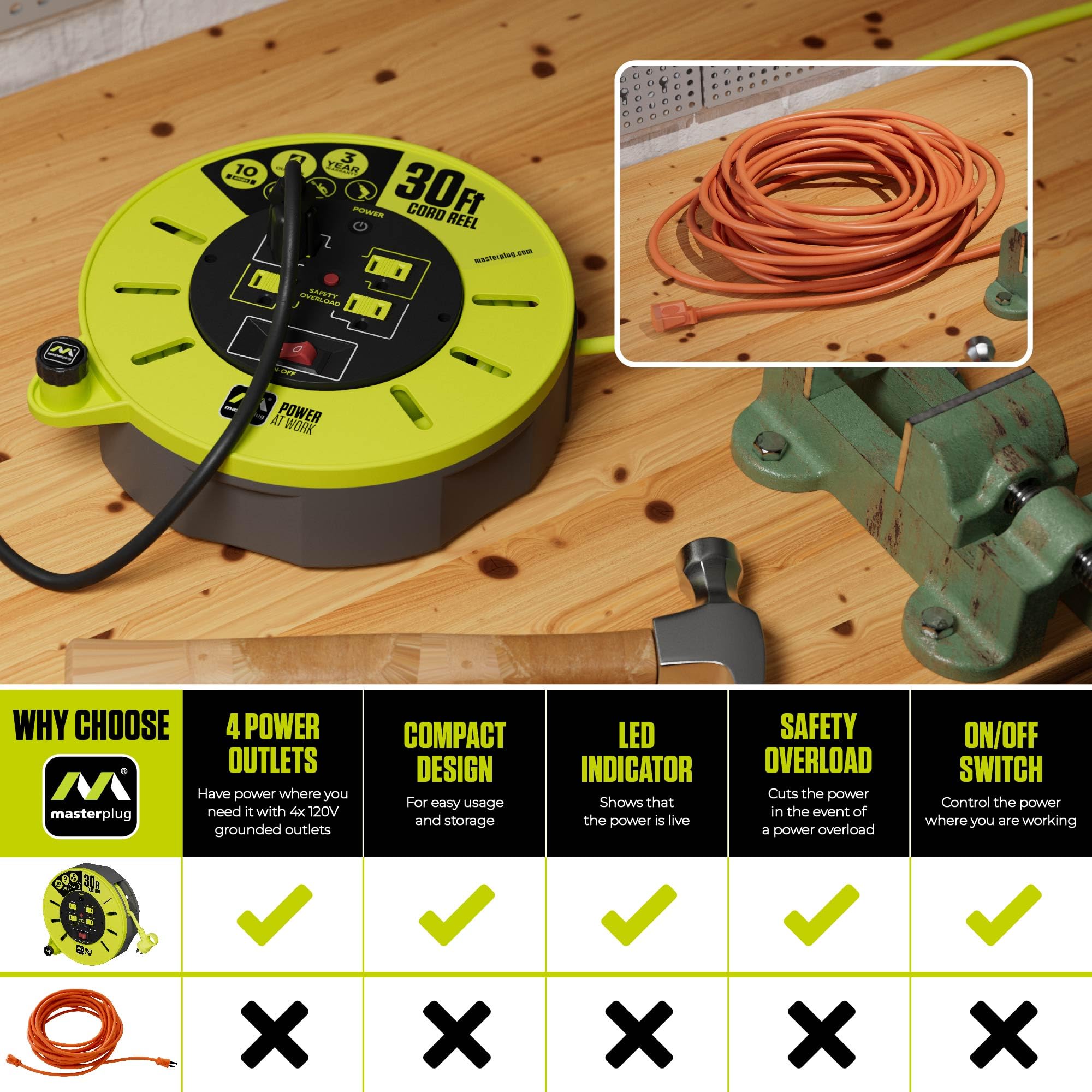 Masterplug 30Ft Cassette Cord Reel, Retractable Extension Lead With Winding Handle, Safety Overload Circuit Breaker And Power Sw