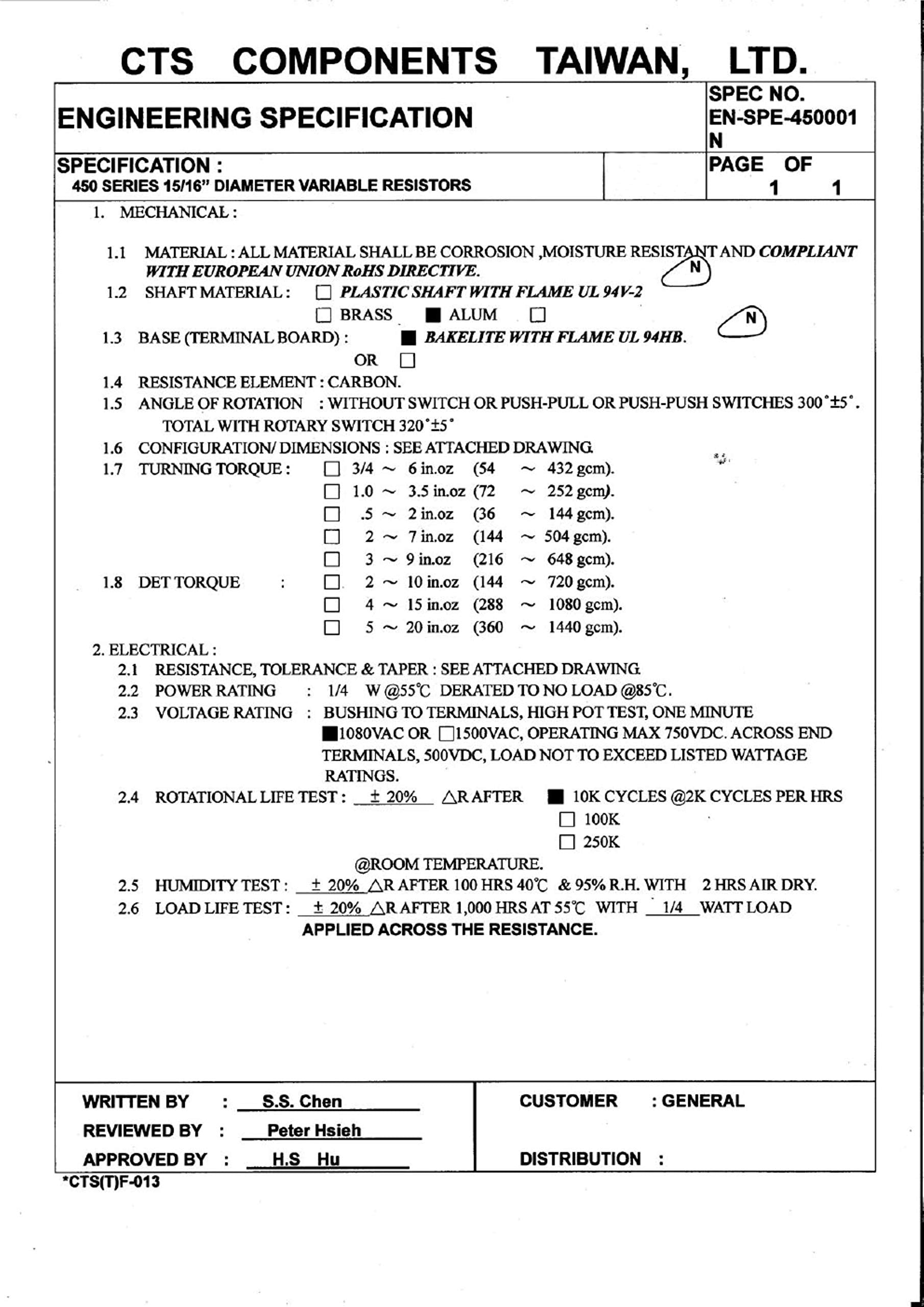 Cts 250K Electric Guitar Pots Guitar Audio Potentiometers A250K