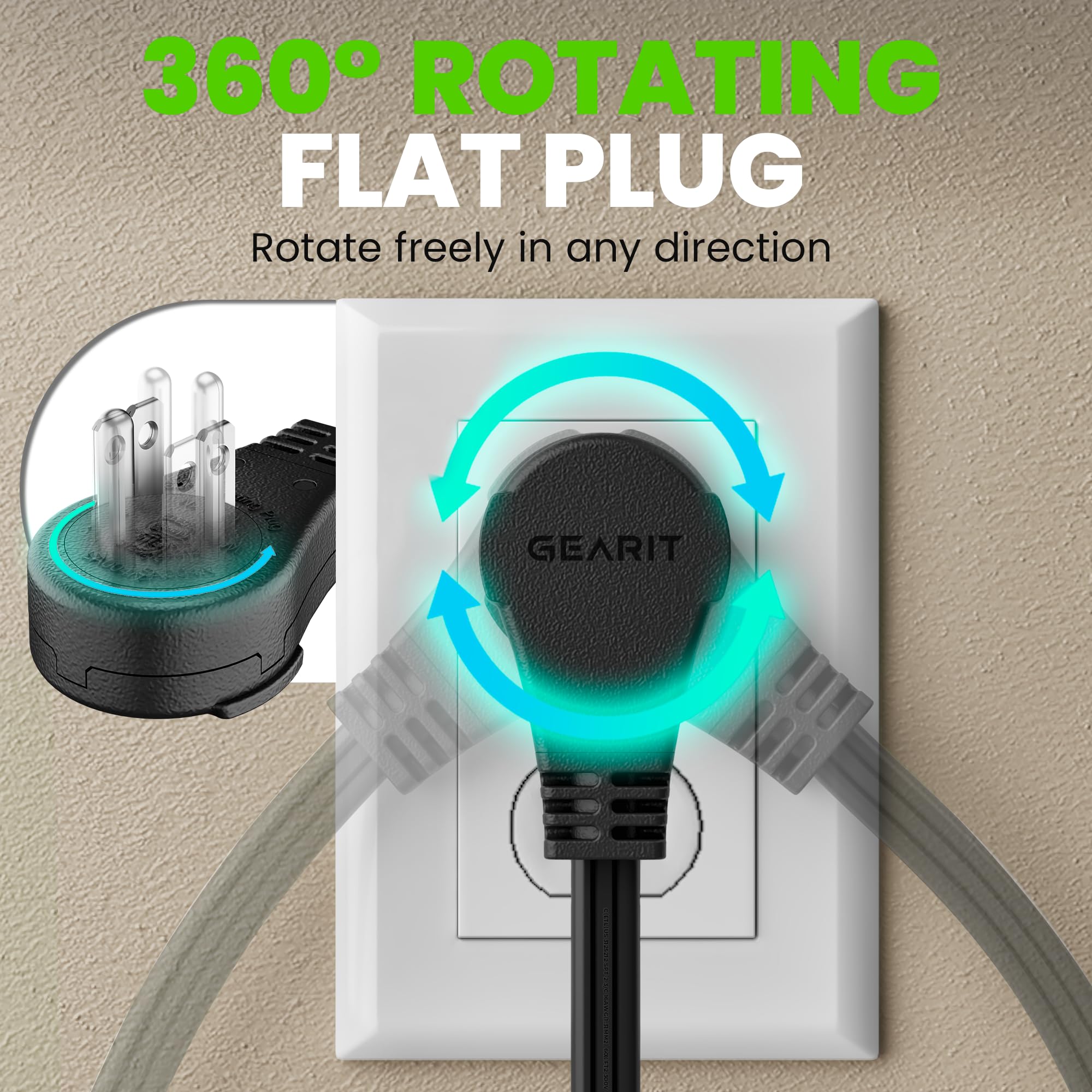 Gearit 360 Rotating Flat Plug Extension Cord (6Ft, Black) Multi 3 Outlet Extension 16 Awg Wire, Adapter For Small Spaces, Right