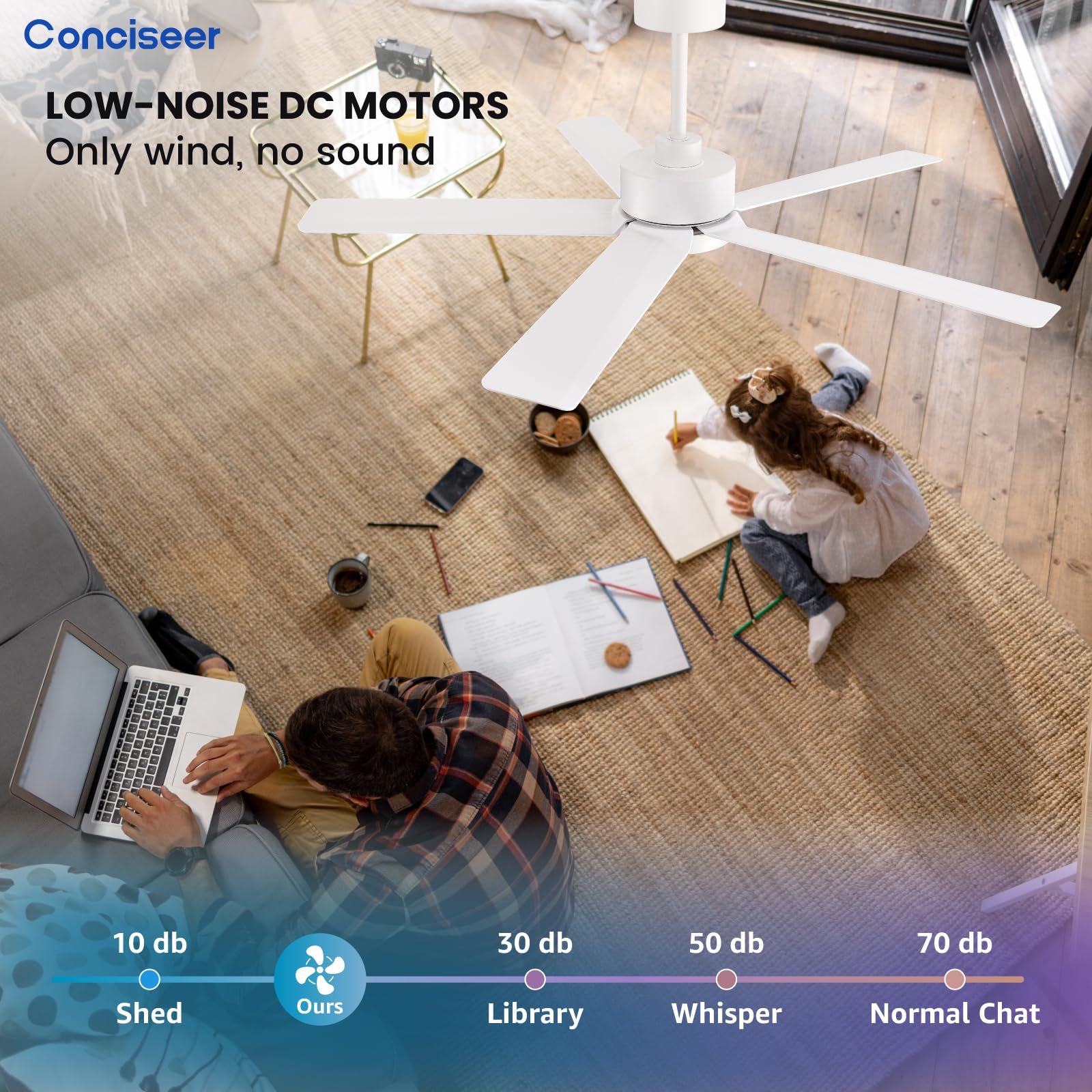 Conciseer Morden Ceiling Fans With Lights,52 Inch Ceiling Fans With Remote For Bedroom Living Room Kitchen, 5 Blades 6 Speed Rev