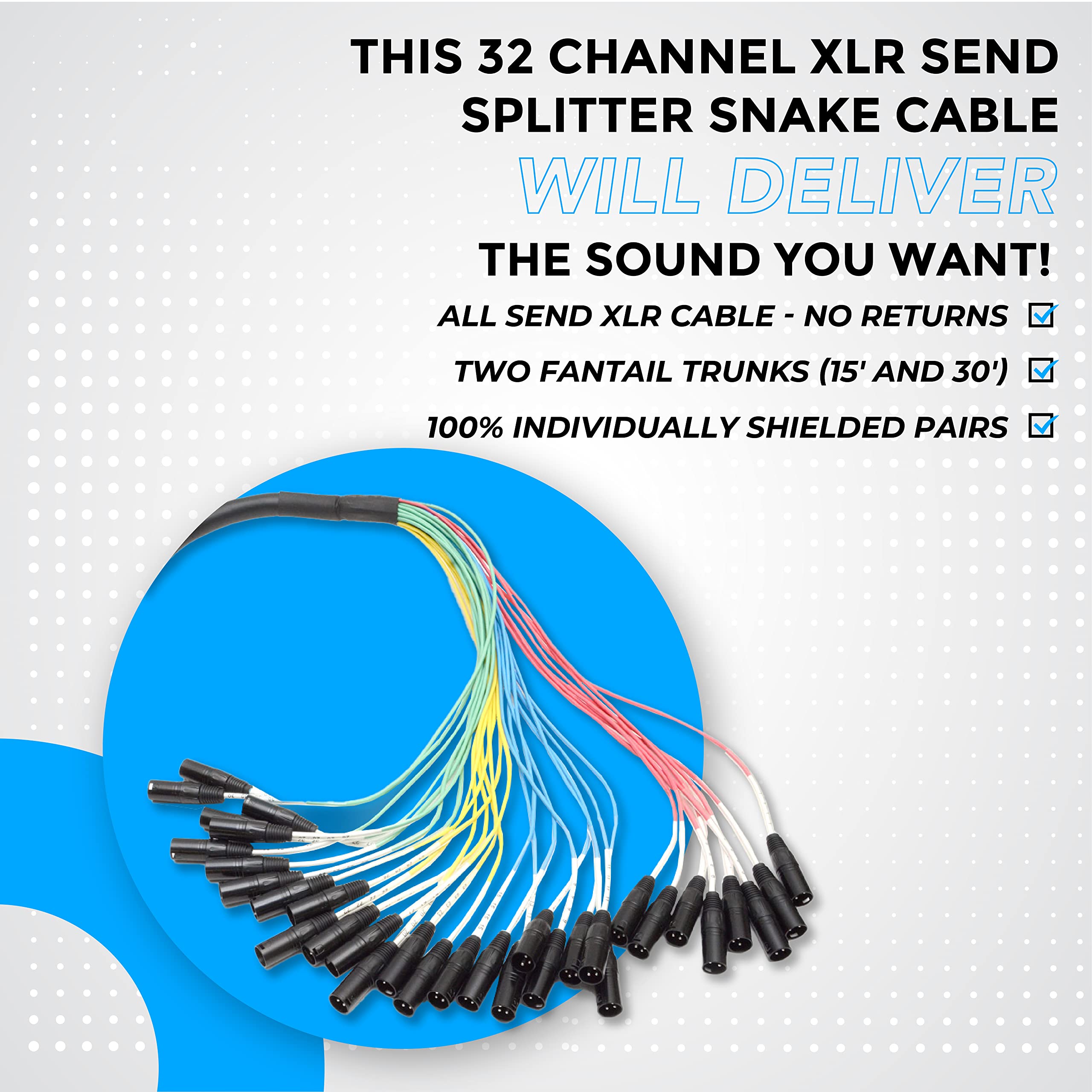 Seismic Audio - New 32 Channel Xlr Send Splitter Snake Cable With Box - Two Trunks 15' And 30' Fantails - Pro Audio Stage, Studi