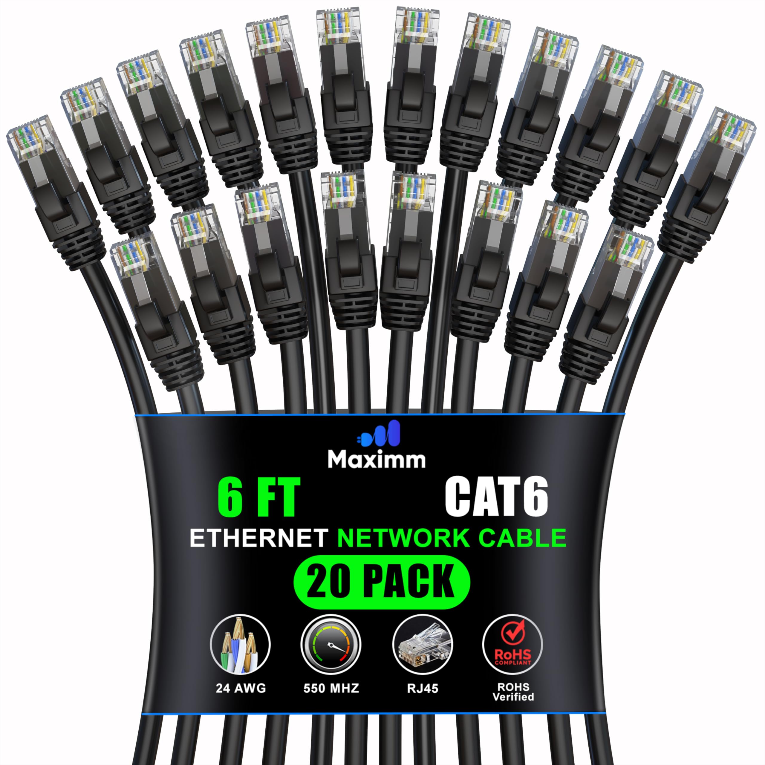 Maximm Cat 6 Ethernet Cable 6 Ft (20 Pack)   High Speed Lan Cable, Internet Cable, Patch Cable, And Network Cable   Utp, 10Gbps, 550Mhz Ethernet Cord   Black