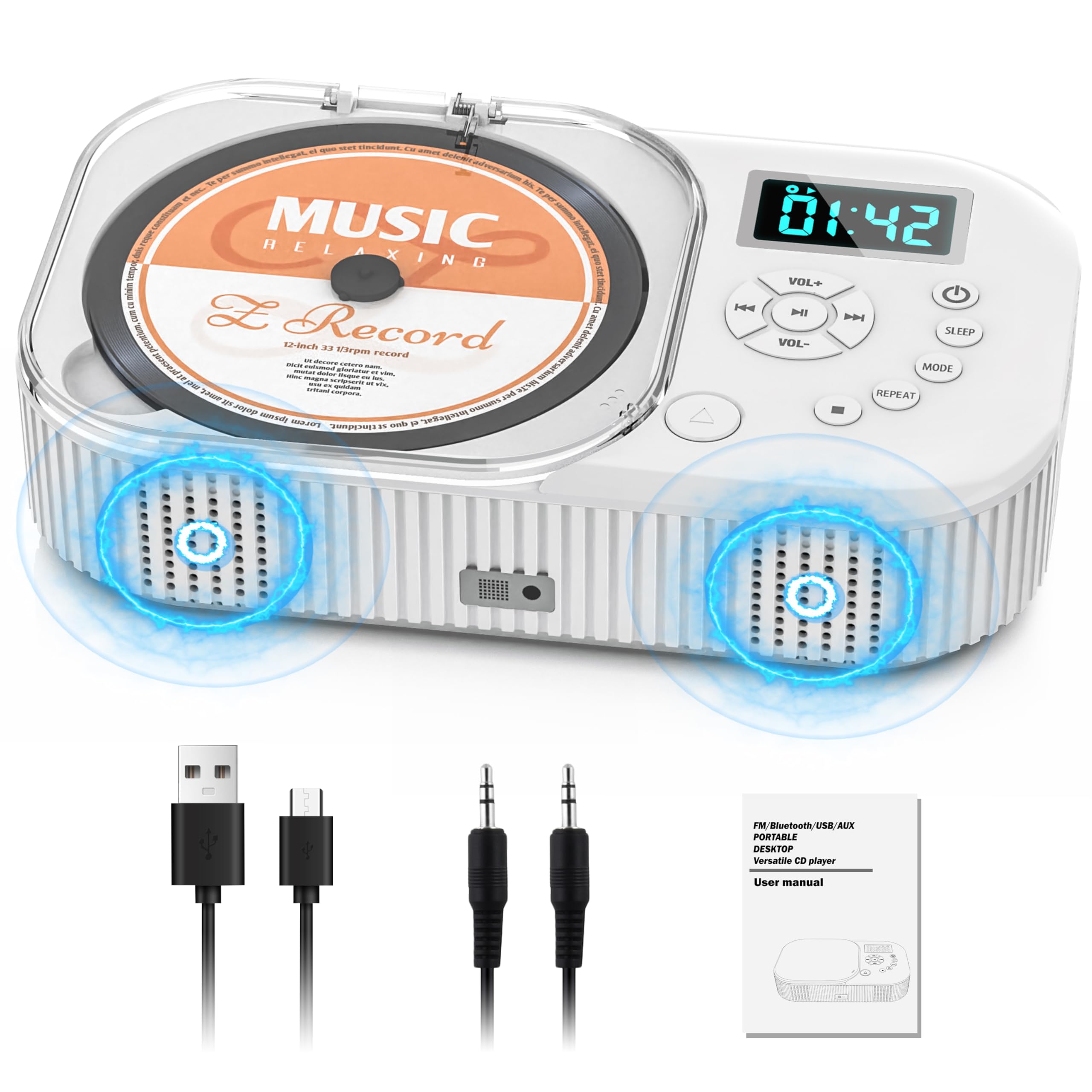 2000Mah Cd Player Portable With Bluetooth, Cd Boombox Portable For Home/Car With Remote Control, Dual Speaker,Rechargeable Cd Pl