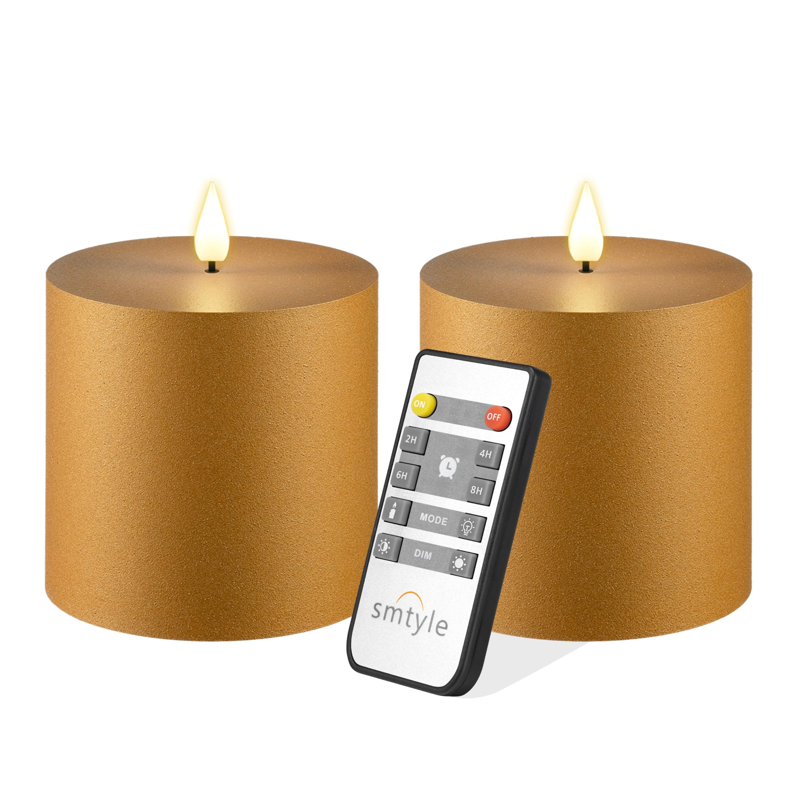 Smtye 4x4 Inch Gold Textured Flameless LED Candles Set of 2, Plastic Sand Finish Battery Operated Flickering Pillar Candles with