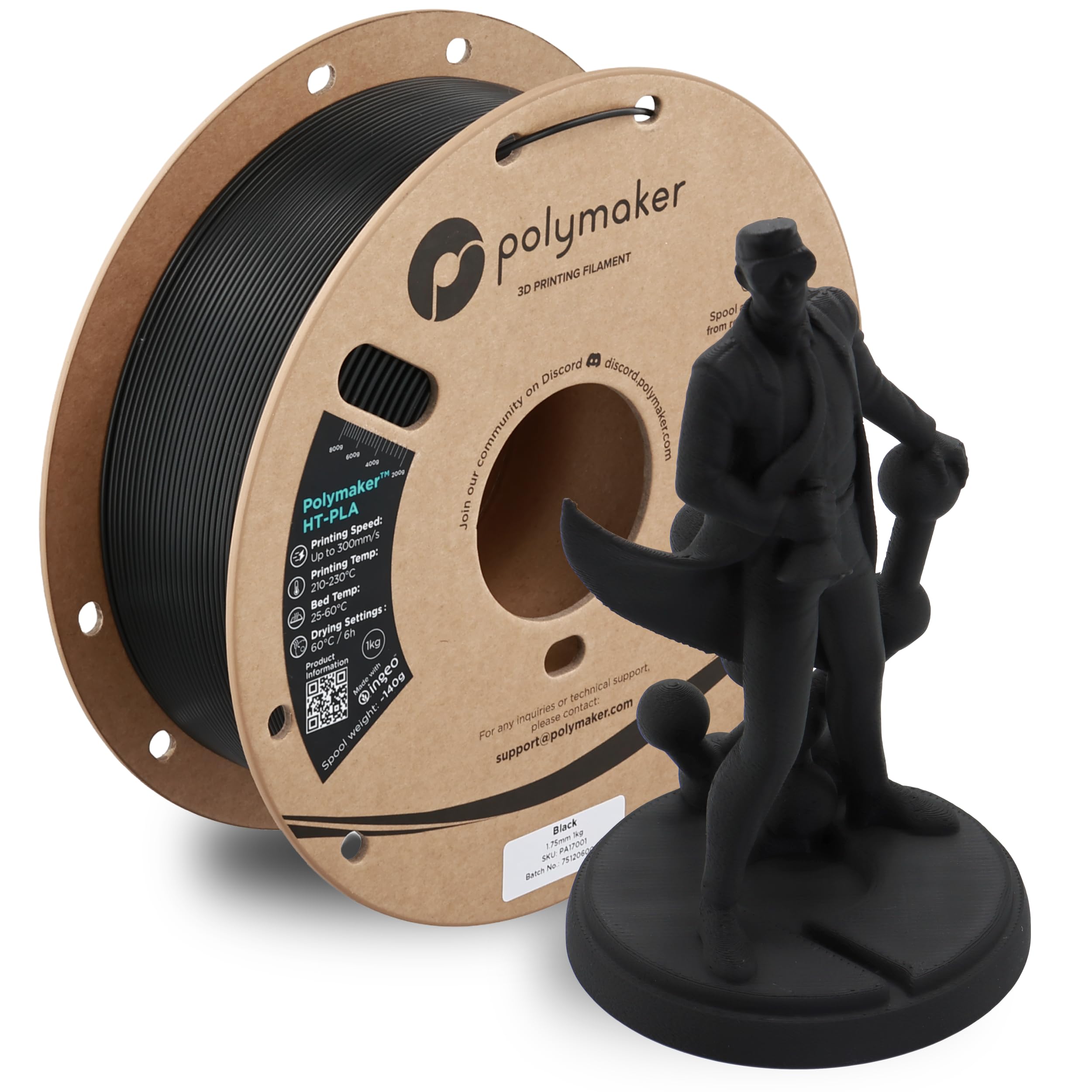 Polymaker HT-PLA Filament 1.75mm Black, High Temp PLA for 3D Printing, Heat Stable Up to 150C, Easy to Print, Works with Most FD