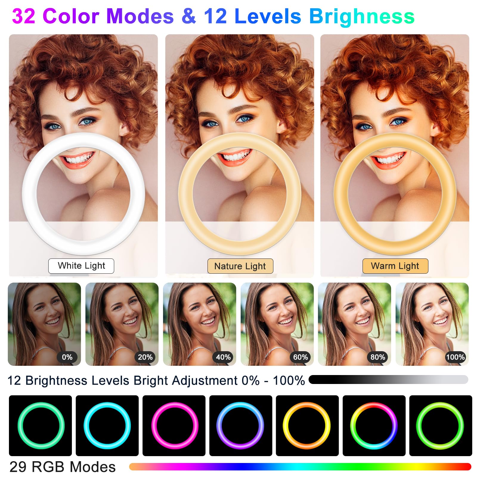 Stally 10.2'' Ring Light With Stand, 75'' Tall Ring Light With Phone Holder And Wireless Remote, 12 Dimming Levels, 32 Color Mod