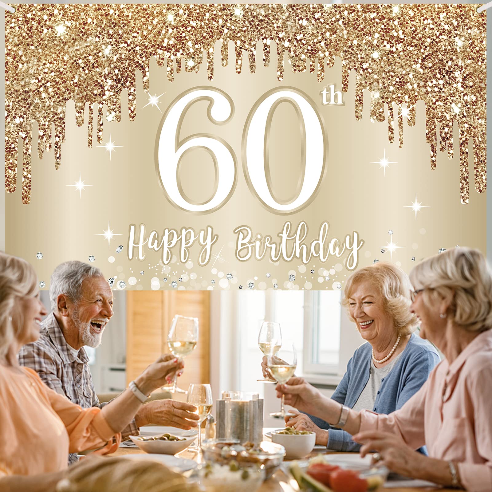 Happy 60Th Birthday Banner Backdrop Decorations For Women, Gold White 60 Birthday Sign Party Supplies, Sixty Year Old Birthday P