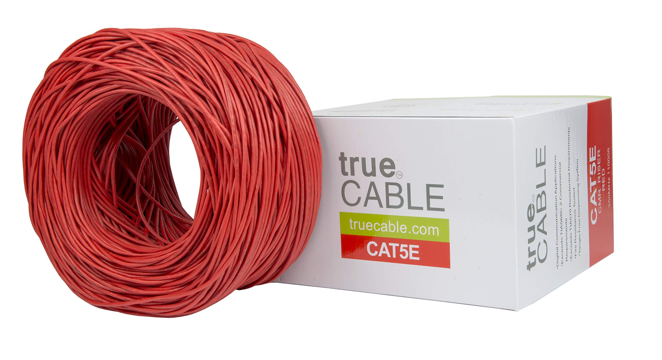 Truecable Cat5E Riser (Cmr), 1000Ft, Red, 24Awg 4 Pair Solid Bare Copper, 350Mhz, Poe++ (4Ppoe), Etl Listed, Unshielded Twisted Pair (Utp), Bulk Ethernet Cable