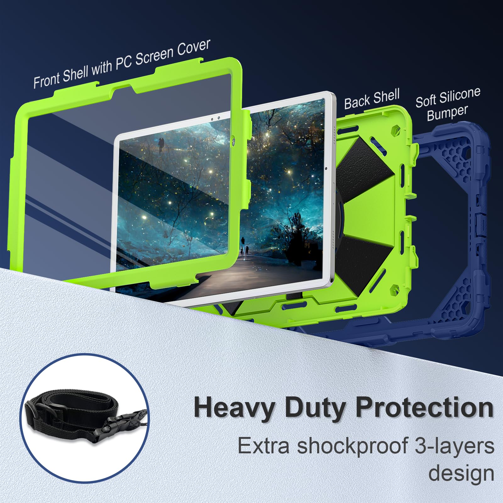 Galaxy Tab A9 Plus Case 11 Inch, Rugged Samsung Galaxy A9+ Tablet Case With Screen Protector 360 Rotating Stand Shoulder Strap P