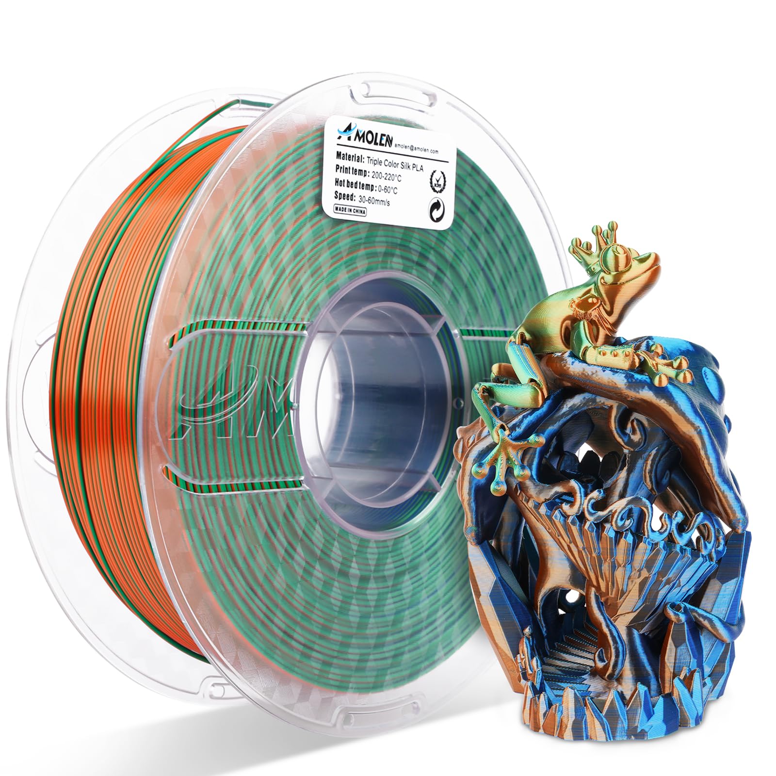Amolen Silk Pla 3D Printer Filament, Tri Color Blue Green Orange Pla 1.75Mm, Shiny Multi Color Change Filament 3D Printing Pla F