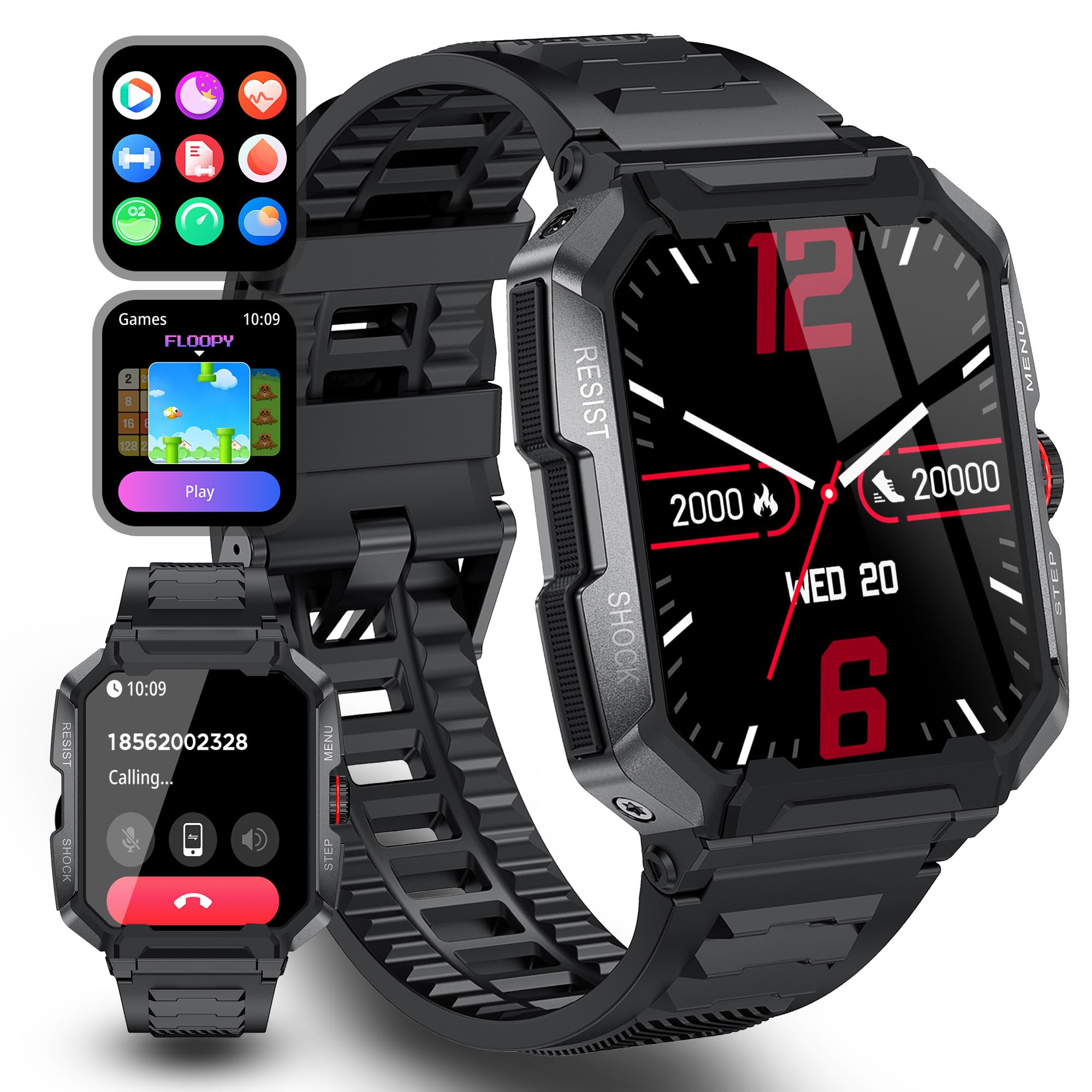 Rugged Smart Watch (Answer/Make Calls)Waterproof Smartwatches for Men Outdoor 1.85 Sports Fitness Tracker For Men with Heart Rat