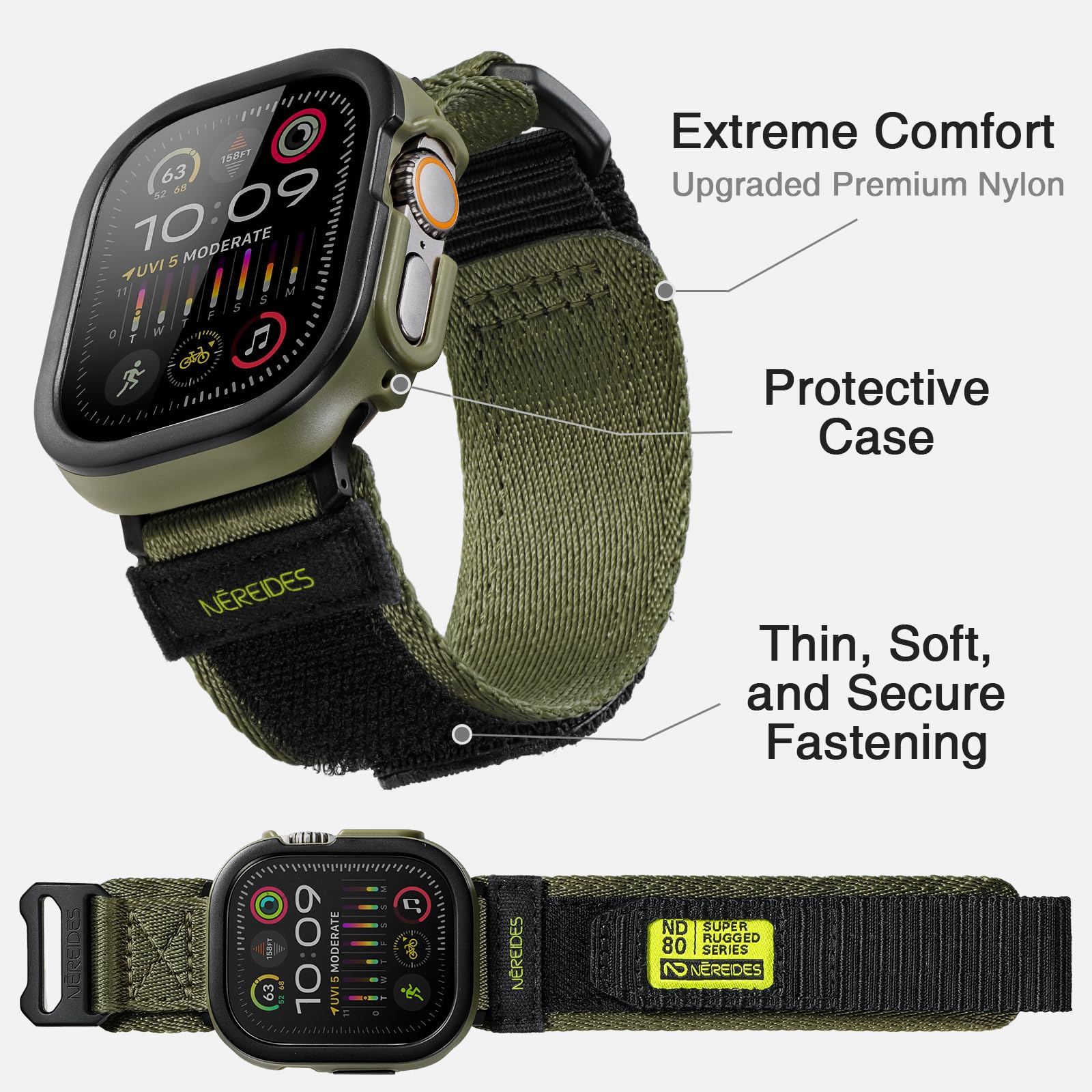 Rugged Case With Band For Apple Watch Ultra 1/2 Band 49Mm, Hook And Loop Nylon Sport Strap With Case For Iwatch Men(Army Green)