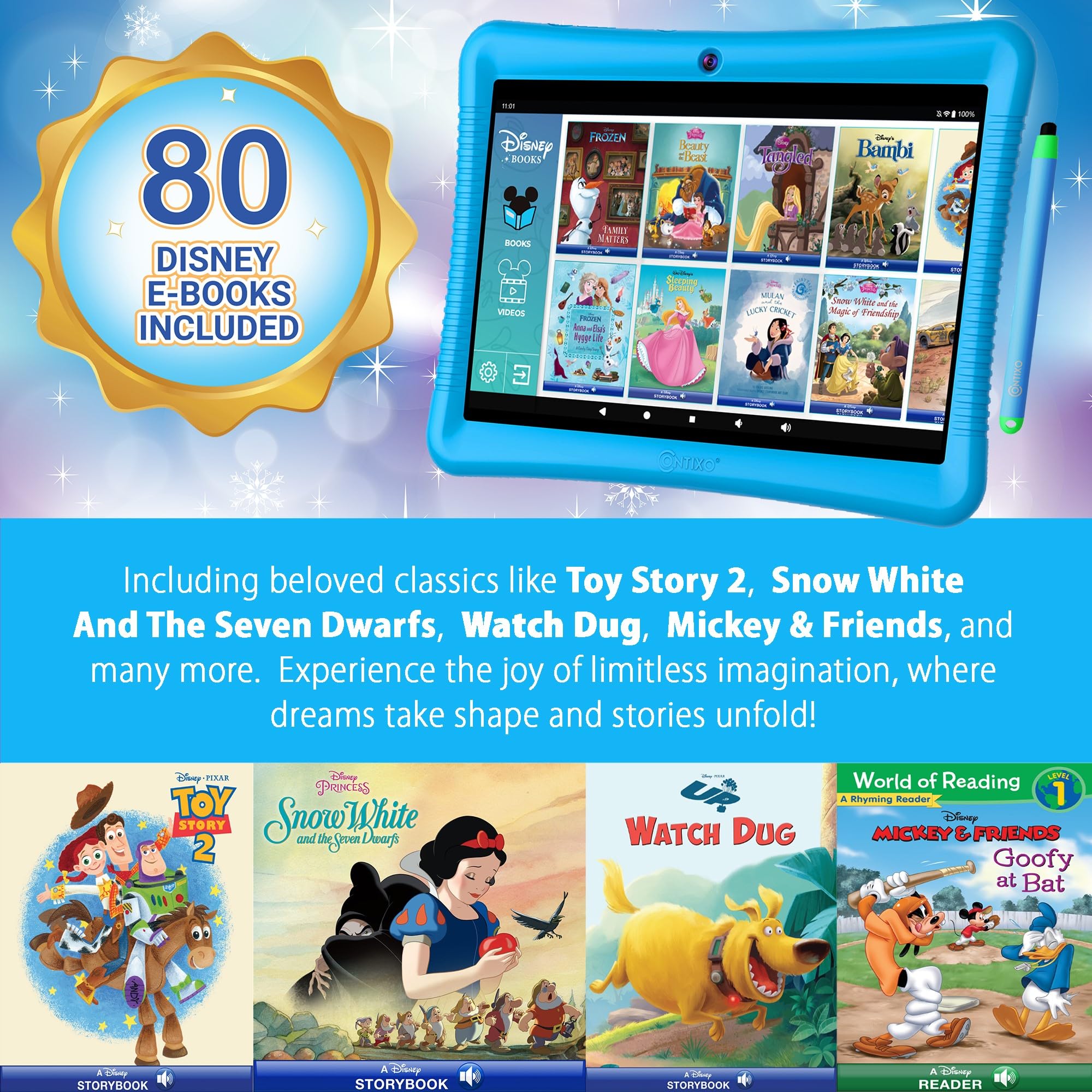 Contixo 10' Android Kids Tablet 32Gb Bundle   80+ Disney Storybooks & Stickers, Parental Controls, Kid Proof Case, Kickstand & Stylus, Headphone & Sleeve Bag (2024 Model)   Blue