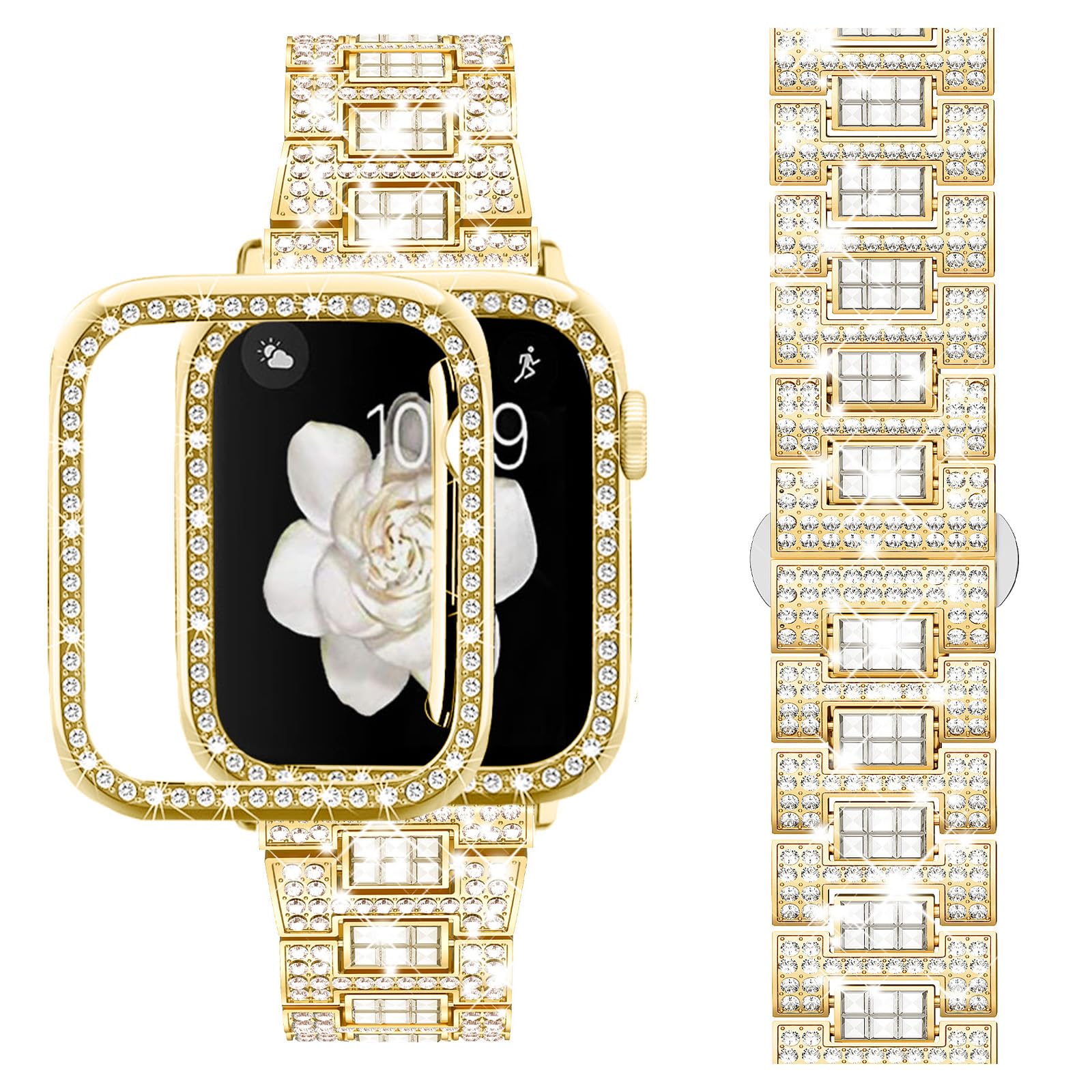 Supoix Compatible With Apple Watch Band 45Mm + Case, Luxury Shiny Diamond Replacement Metal Strap For Women & Soft Tpu Bumper Pr