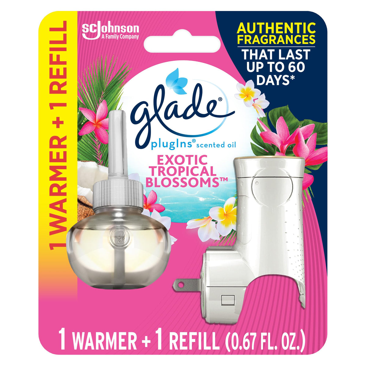 Glade Plugins Refills Air Freshener Starter Kit, Scented And Essential Oils For Home And Bathroom, Exotic Tropical Blossoms, 0.6