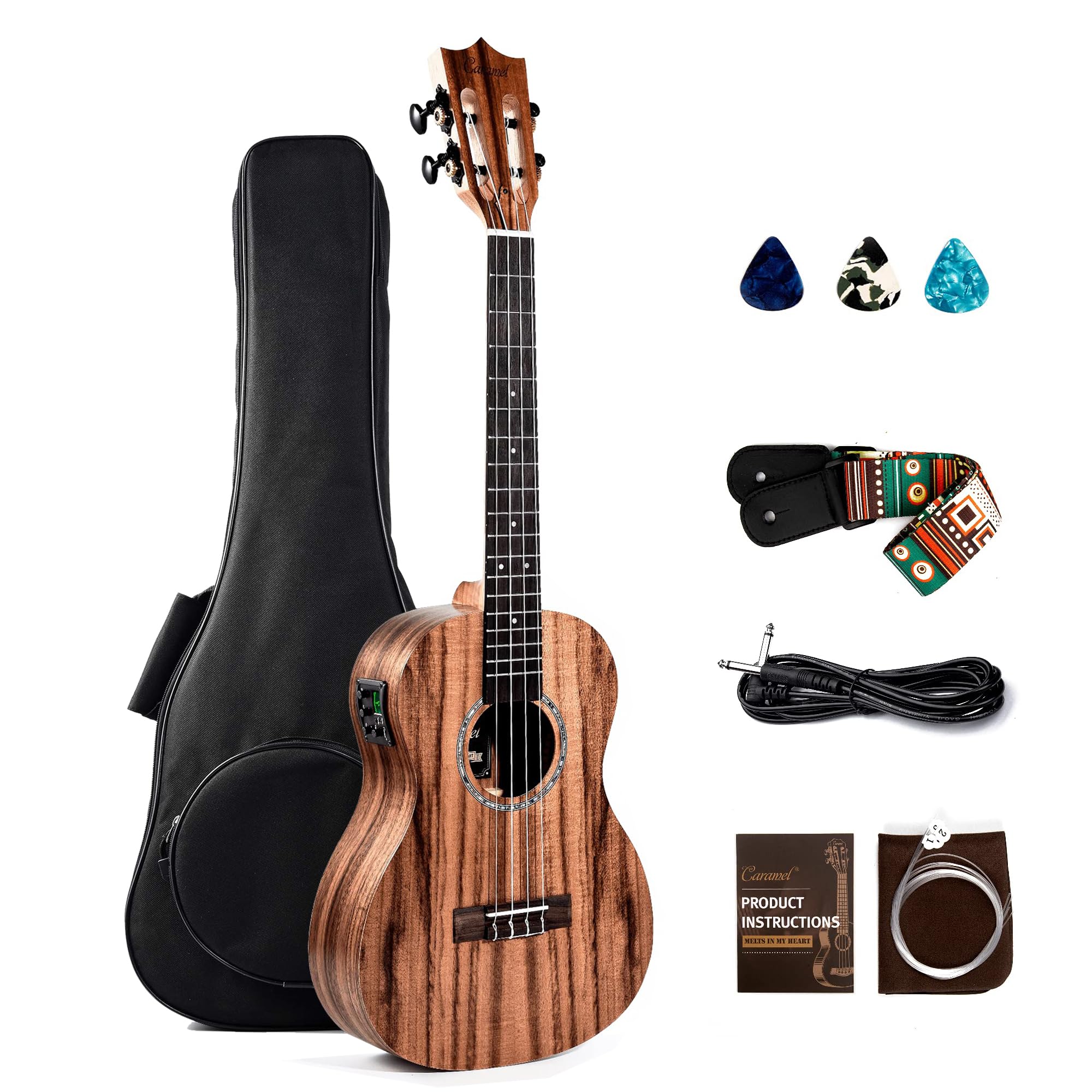 Caramel CB207 Acacia Baritone Acoustic Electric Ukulele with Truss Rod with Additional Strings, Padded Gig Bag, Strap and EQ cab