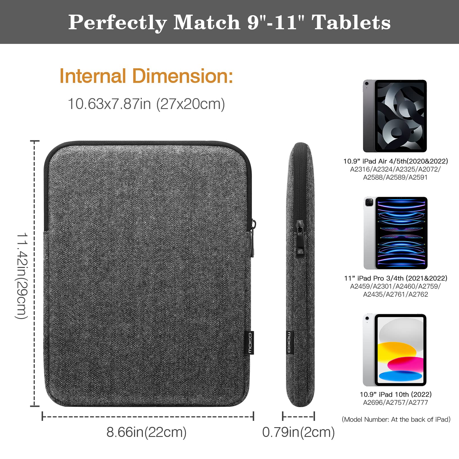 MoKo 9 11 Inch Tablet Sleeve Bag Carrying Case Fits iPad air 5 10.9' 2022, iPad Pro 11 M2 2022 2018, iPad 10th 10.9,iPad 9/8/7th Gen 10.2,iPad Air 4 10.9/Air 3 10.5,Tab S8/S9 11', Black & Gray