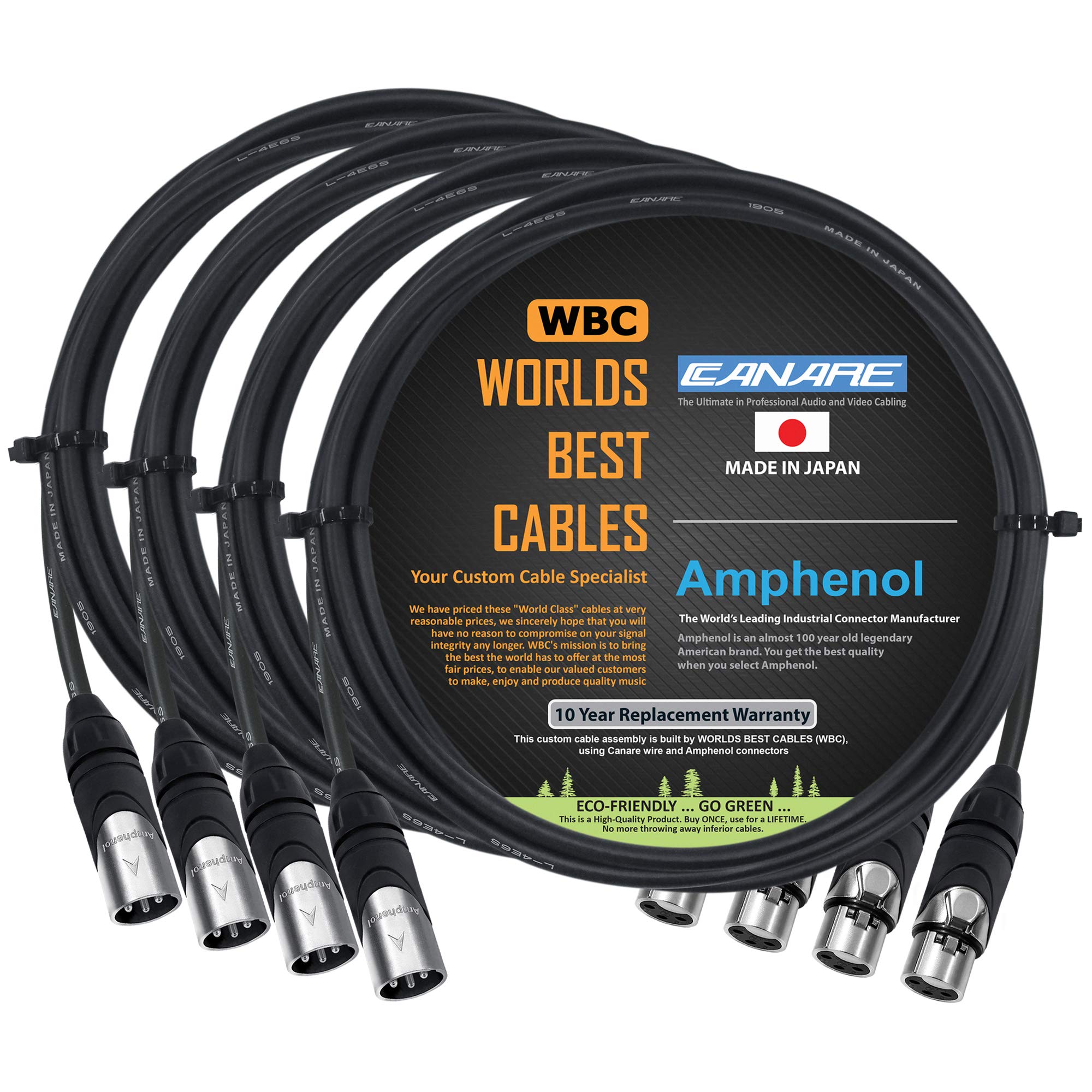 Worlds Best Cables 4 Units   4 Foot   Canare L 4E6S, Star Quad Balanced Male To Female Microphone Cables With Amphenol Ax3M & Ax3F Silver Xlr Connectors   Custom Made