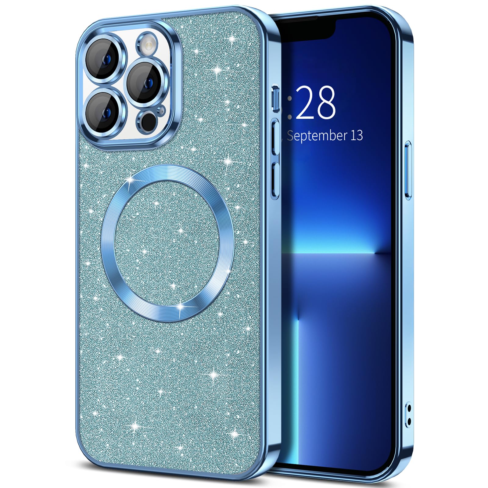 Hython For Iphone 13 Pro Case Glitter, Clear Magnetic Phone Case With Camera Lens Protector [Compatible With Magsafe] Bling Spar