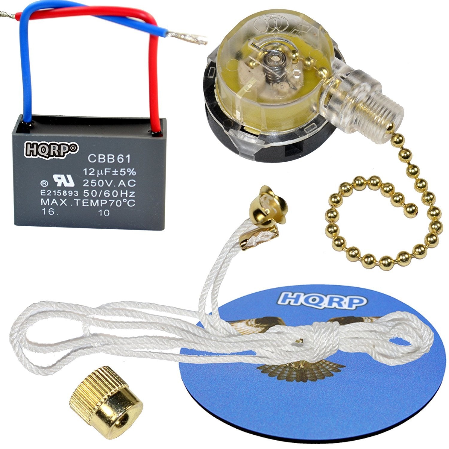 Hqrp Kit Ceiling Fan Capacitor Cbb61 12Uf 2 Wire Ul Listed And 3 Speed Fan Switch