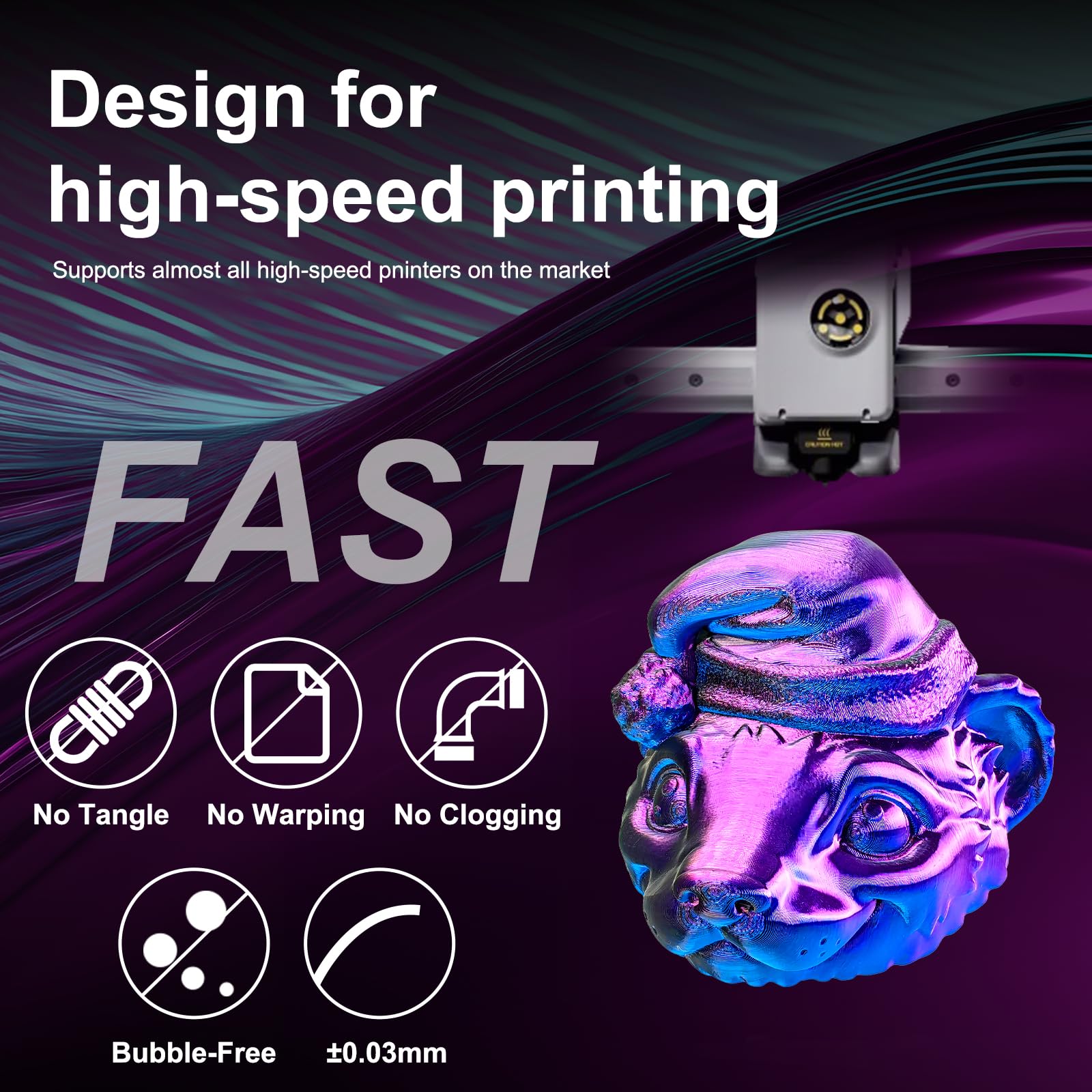 Eryone Silk Tri Color Coextrusion Pla Filament,3D Printer 1.75Mm,+/ 0.03Mm, Triple Color Filament 1Kg(2.2Lbs), Silk Blue Purple