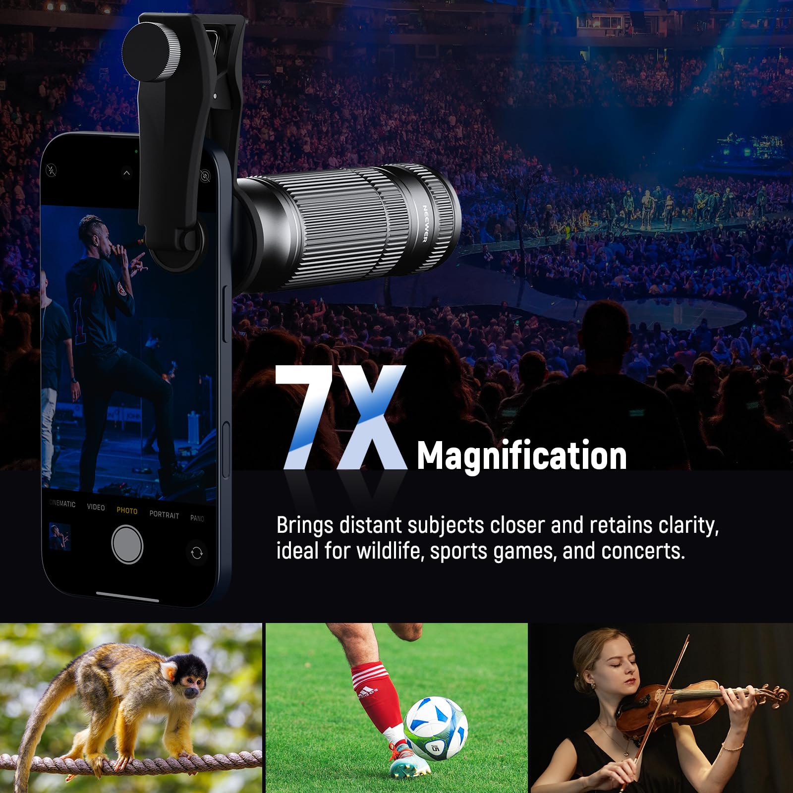 Neewer 7X Telephoto Lens With Phone Camera Lens Clip, Detachable 10X Macro For 17Mm Threaded Backplate/Phone Cage/Case Compatibl