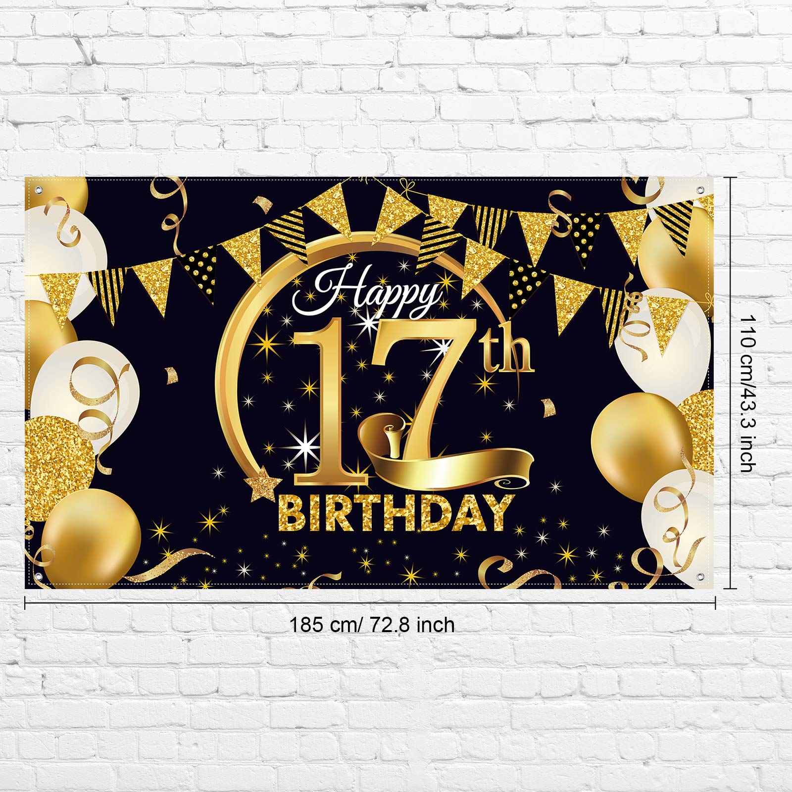 17Th Birthday Party Decoration, Extra Large Fabric Black Gold Sign Poster For 17Th Anniversary Photo Booth Backdrop Background B