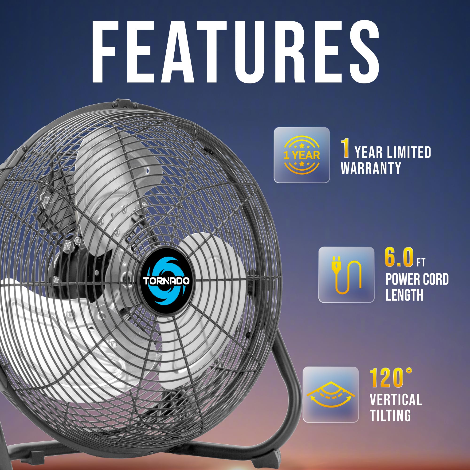 Tornado 12 Inch High Velocity Floor Fan, Heavy Duty Metal Industrial Fans, 3 Powerful Speed, 120 Adjustable Tilting 6.0 Ft Cord