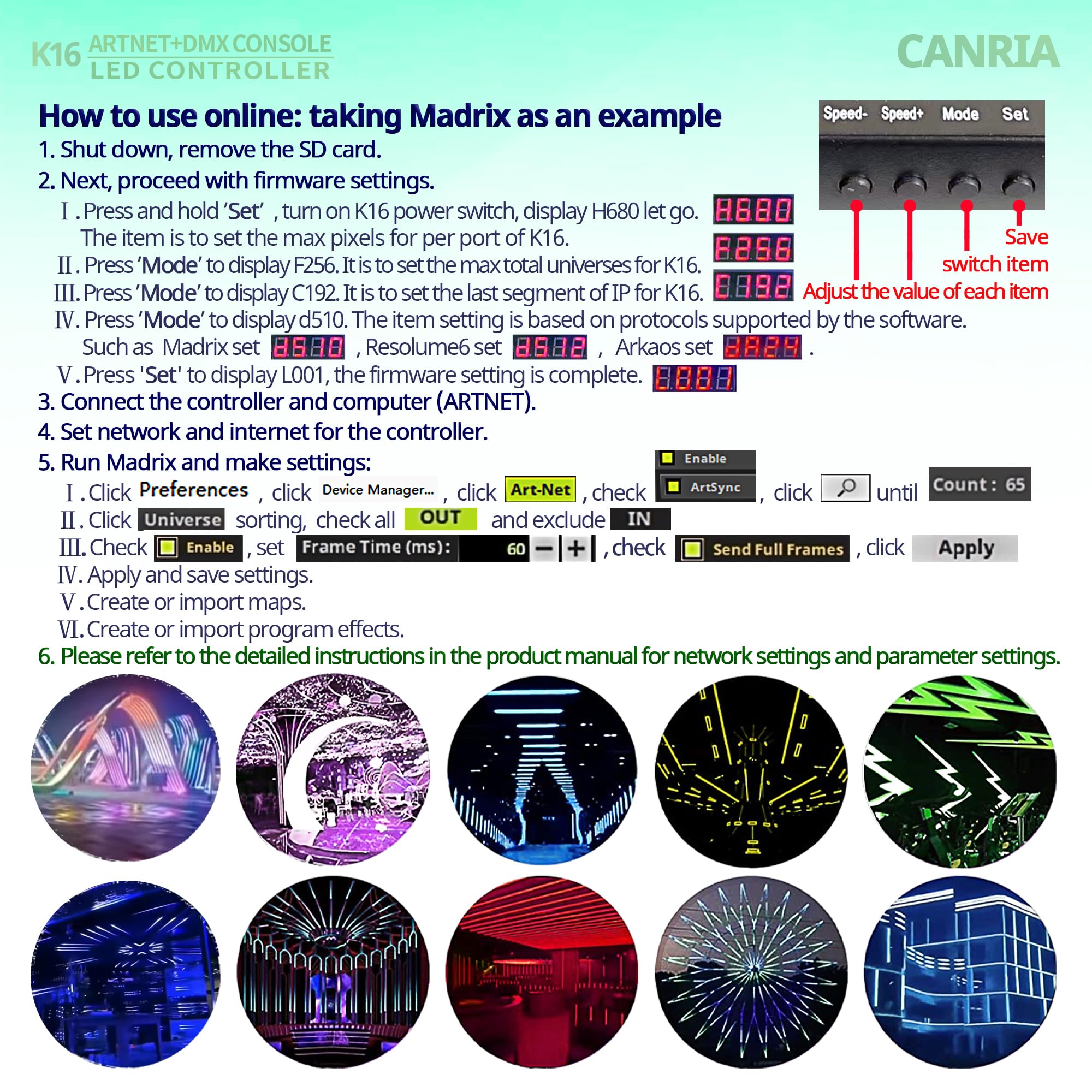 Canria K16 Artnet+Dmx Console Led Controller, Professional Lighting Control, Suitable For Spi Ttl, Online Offline, Addressable P
