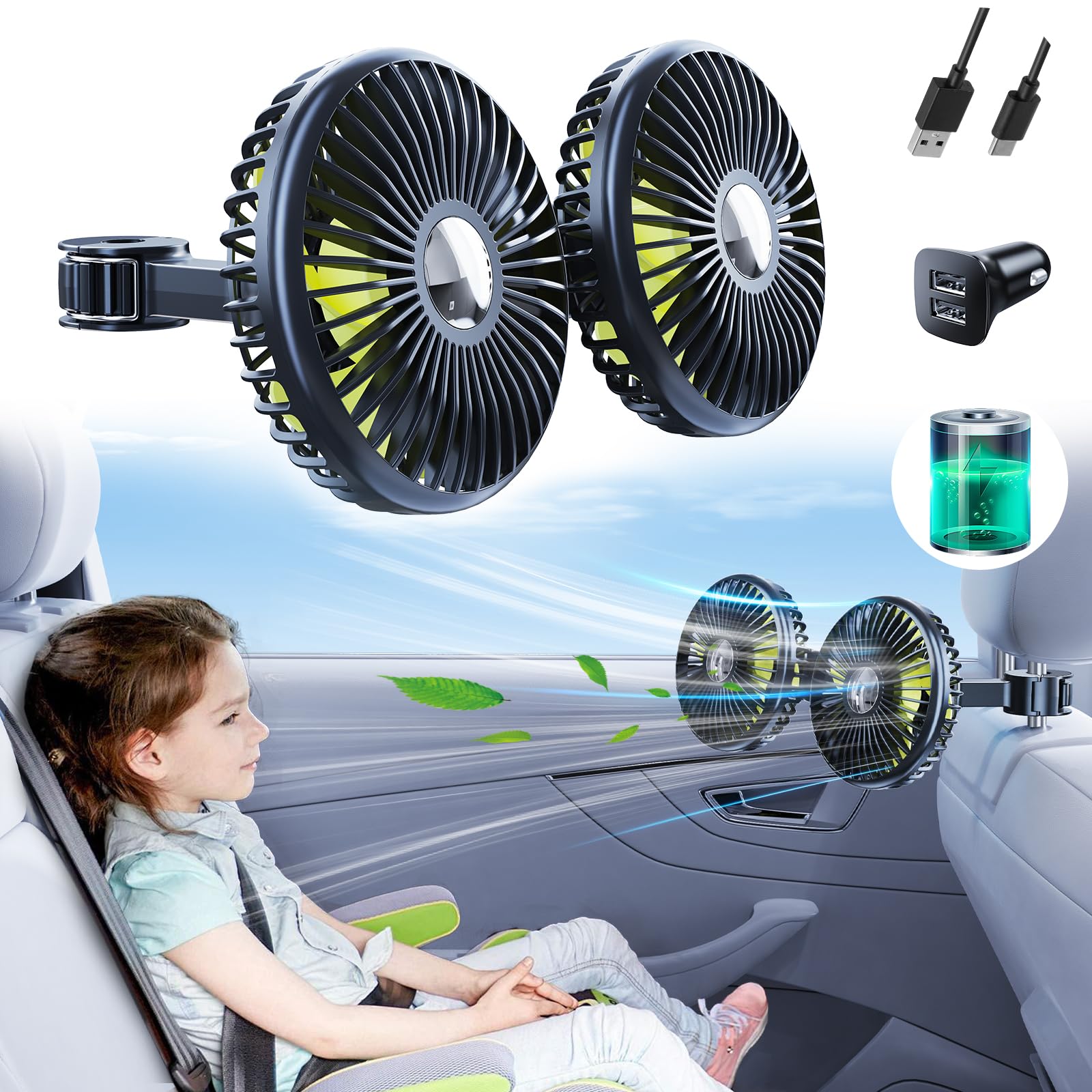 Nauttxon Battery Fan For Car Backseat, 360Rotatable Car Fans For Backseat For Kids, [Comes With Car Charger&Usb C Cable] 3 Speed