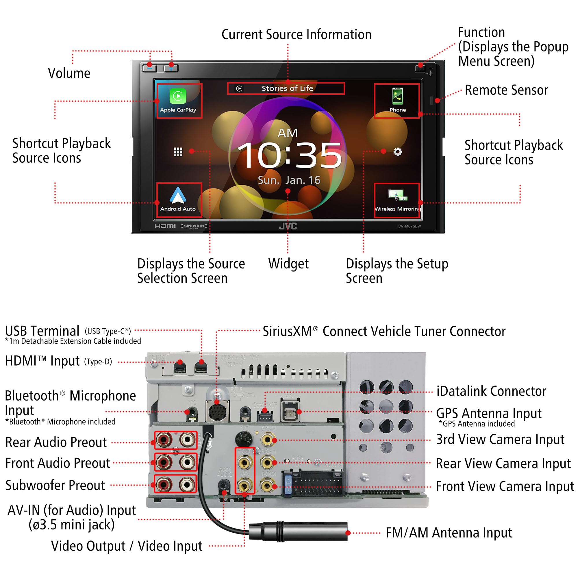 Jvc Kw-M875Bw Built In Wi-Fi For Wireless Carplay Android Auto, 6.8'' Lcd Touchscreen Display, Am/Fm, Bluetooth, Mp3 Player, Usb