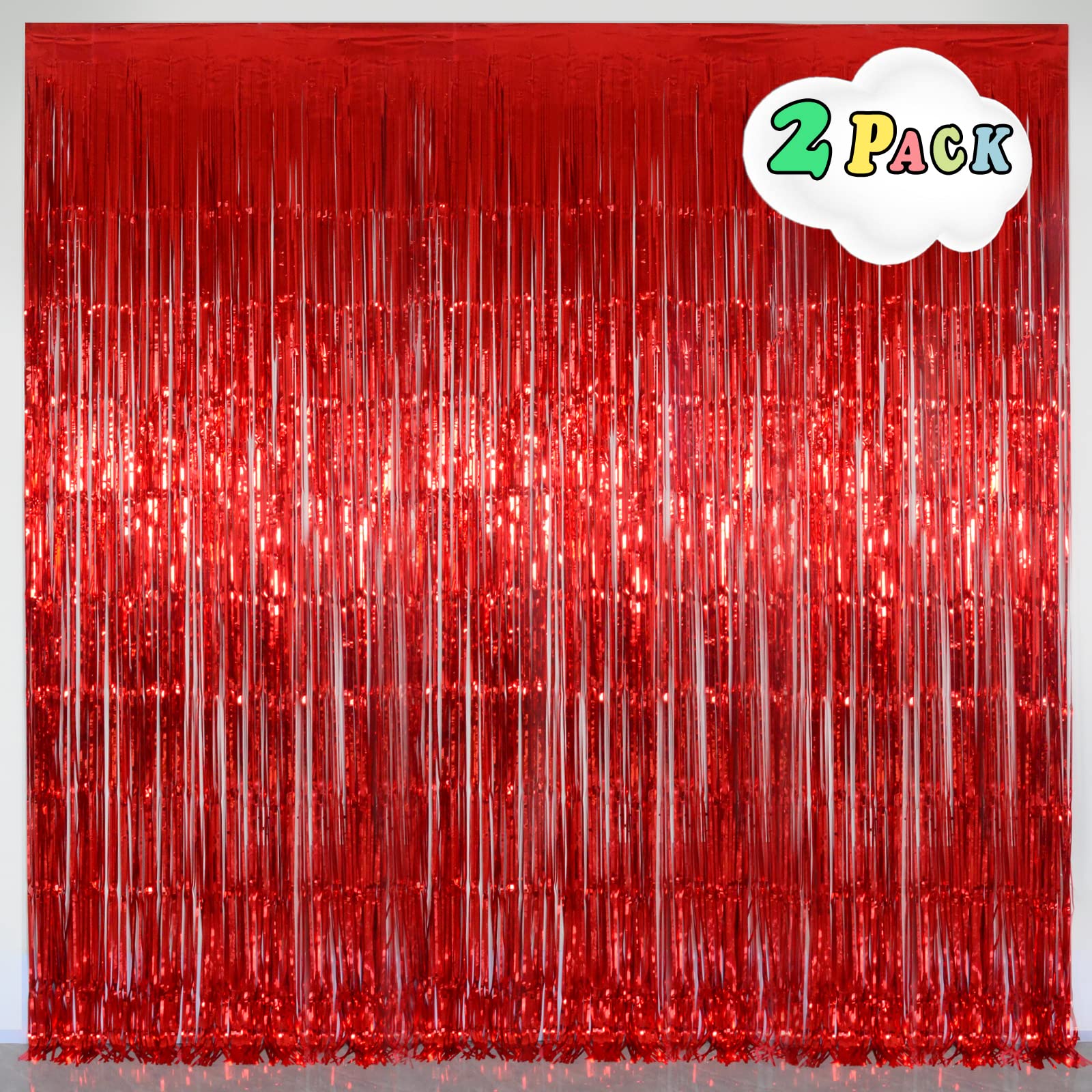 Red Foil Fringe Curtain Party Decorations, Melsan 3.2 X 8 Ft Metallic Tinsel Curtains Streamer Backdrop For Christmas, Birthday,