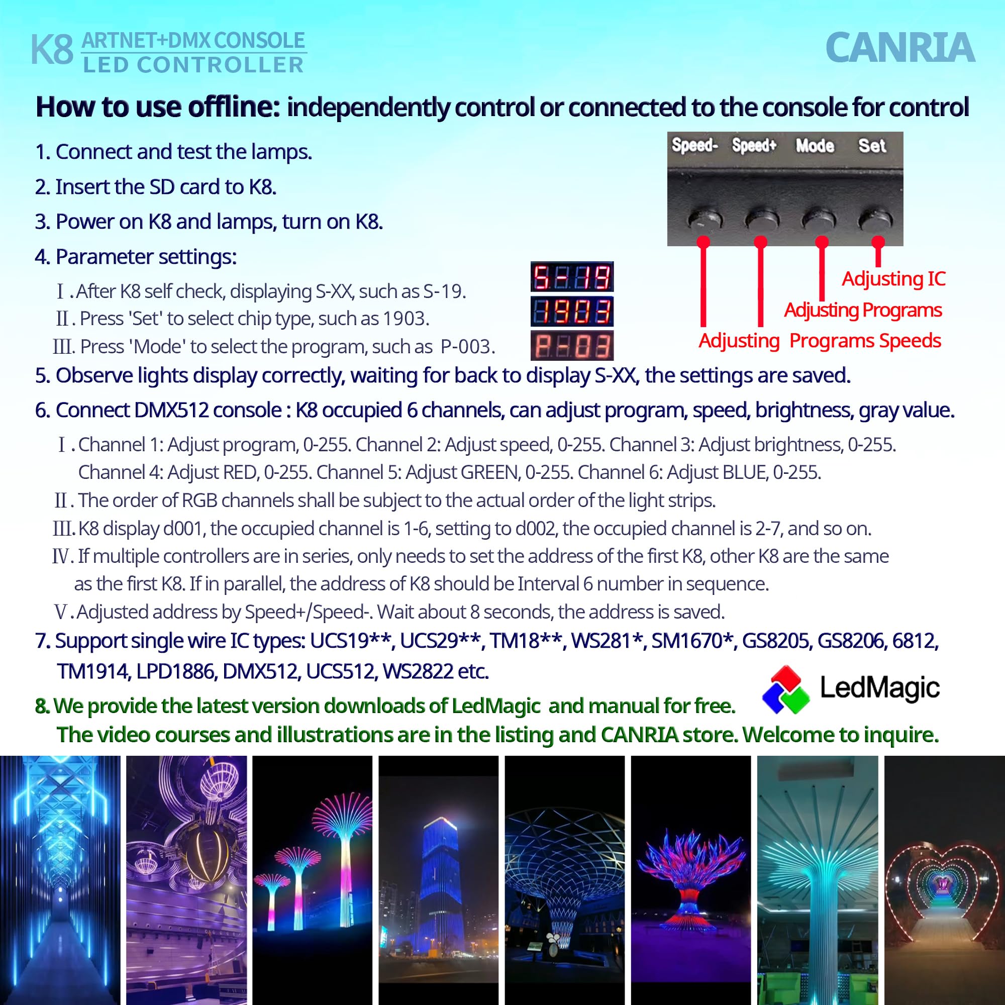 Canria K8 Artnet+Dmx Console Led Controller, Suitable For Spi And Dmx512 Led Light, Online Offline, Addressable Programmable, 1G
