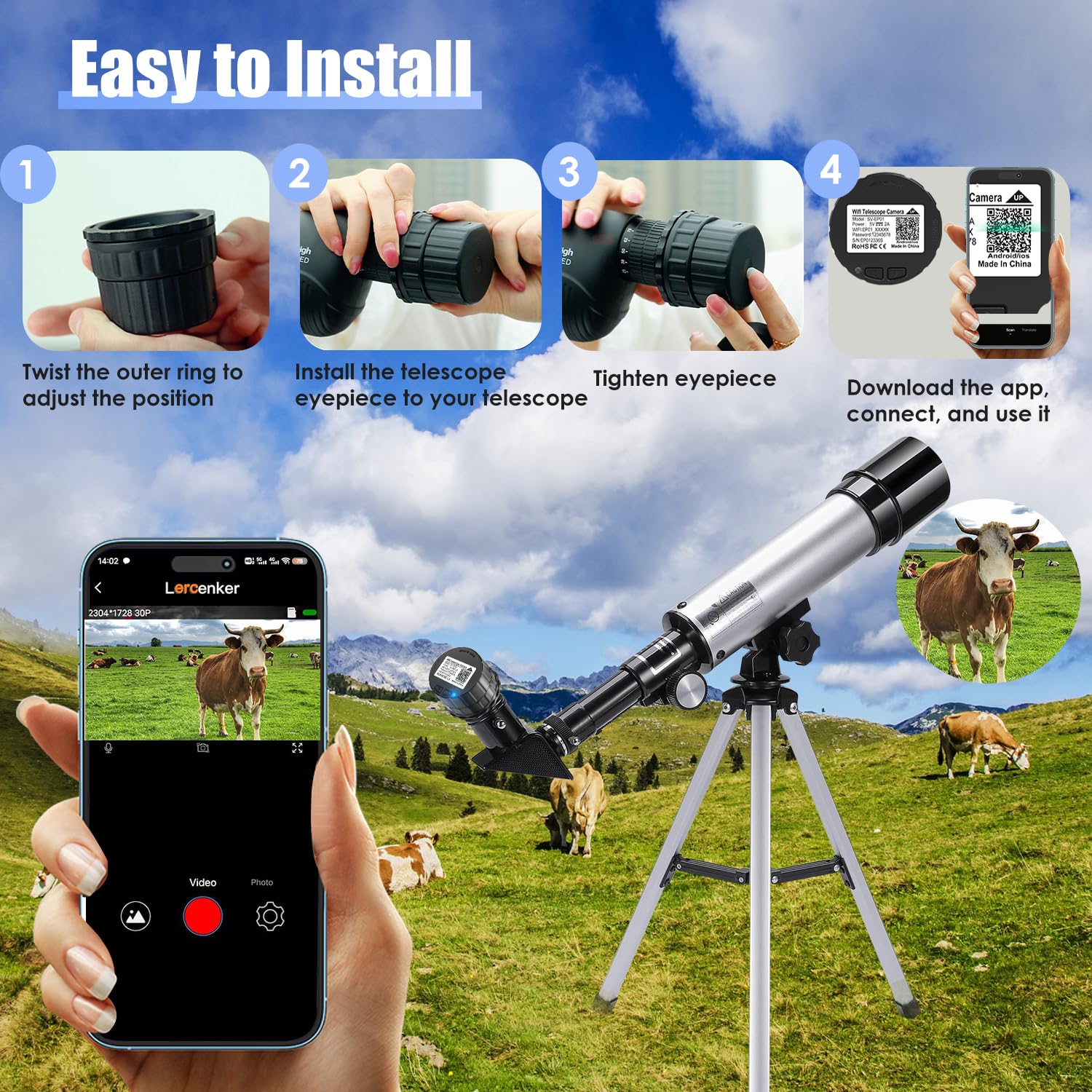 Wifi Telescope Camera   32Gb Wireless Electronic Eyepiece Supports 2K Video Recording & 16Mp Photos, Digital Telescope Camera Fo