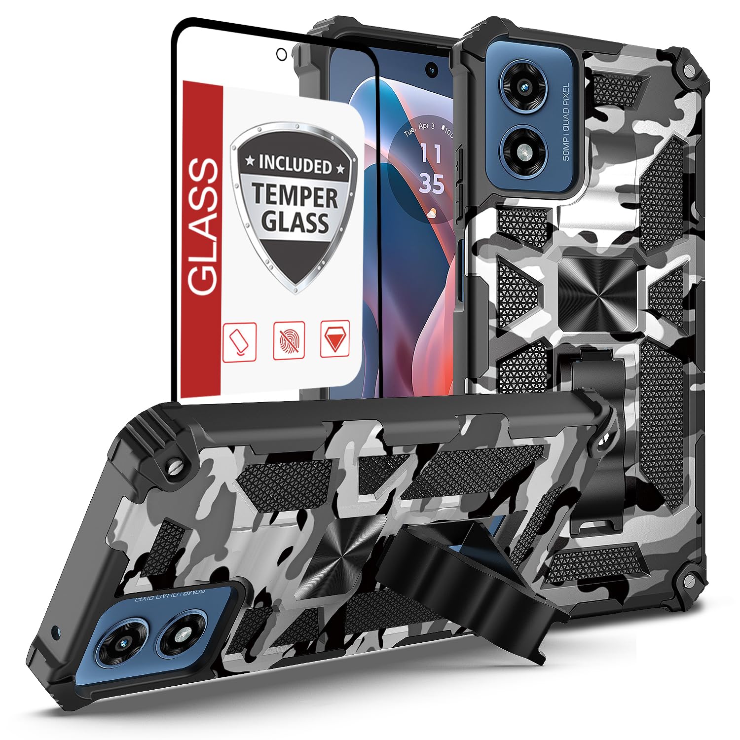 For Motorola Moto-G-Power-5G-2024 Phone Case w/Tempered Glass Screen Protector(Full Coverage)[Mil-Grade][Built-in Kickstand]Car 