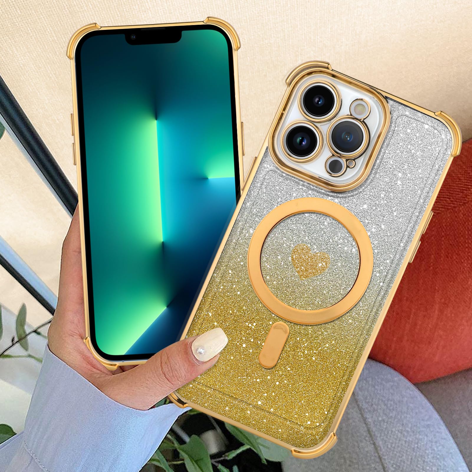 Tharlet Magnetic For Iphone 13 Pro Case [Compatible With Magsafe] Glitter Cute Love Luxury Plating Plating Bling Clear Phone Cas