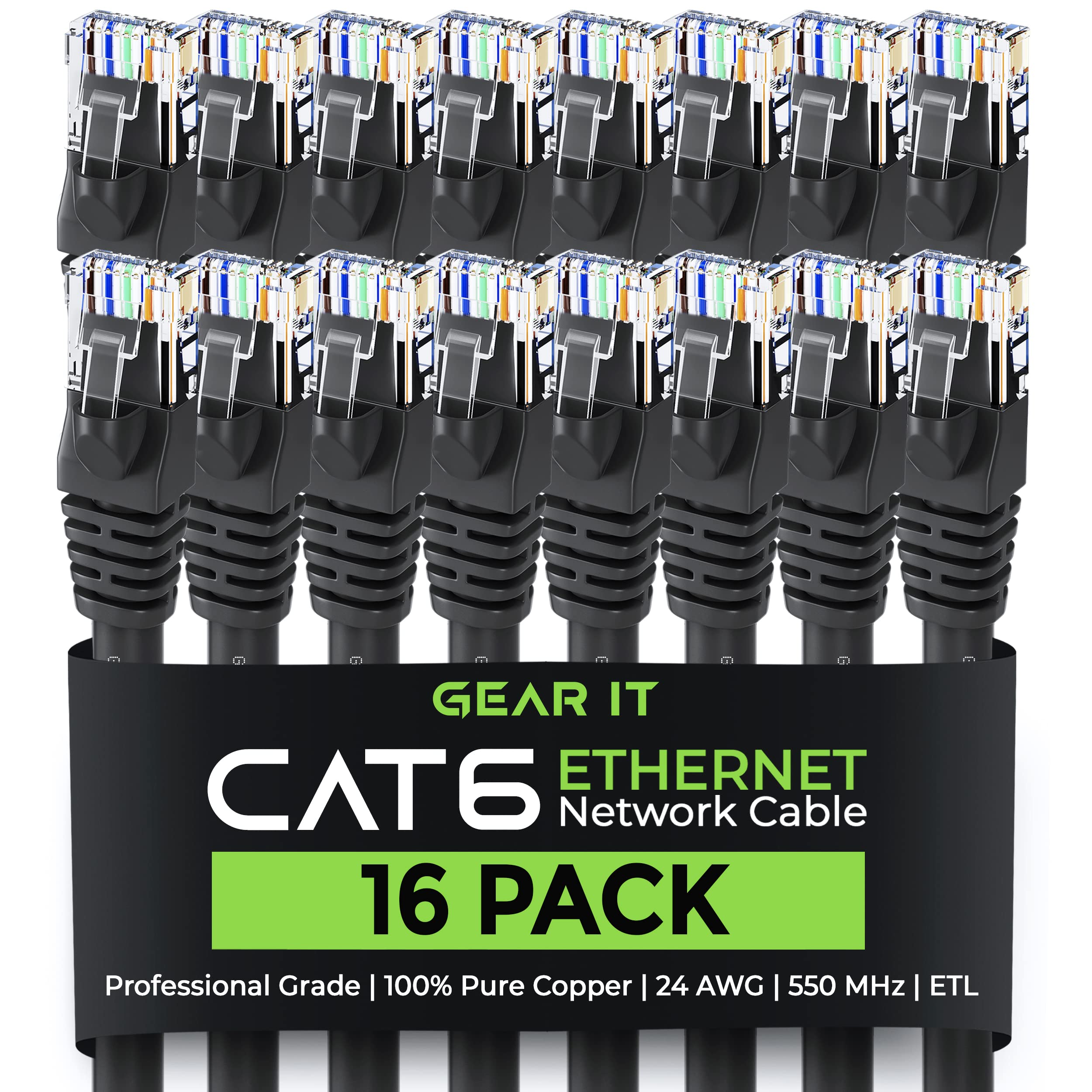 GEARit Cat 6 Ethernet Cable Pack - 16-Pack 1 ft Cat6 Ethernet Patch Cables | RJ45 Network Patch Cable, 10 Gbps Snagless Gold-Pla