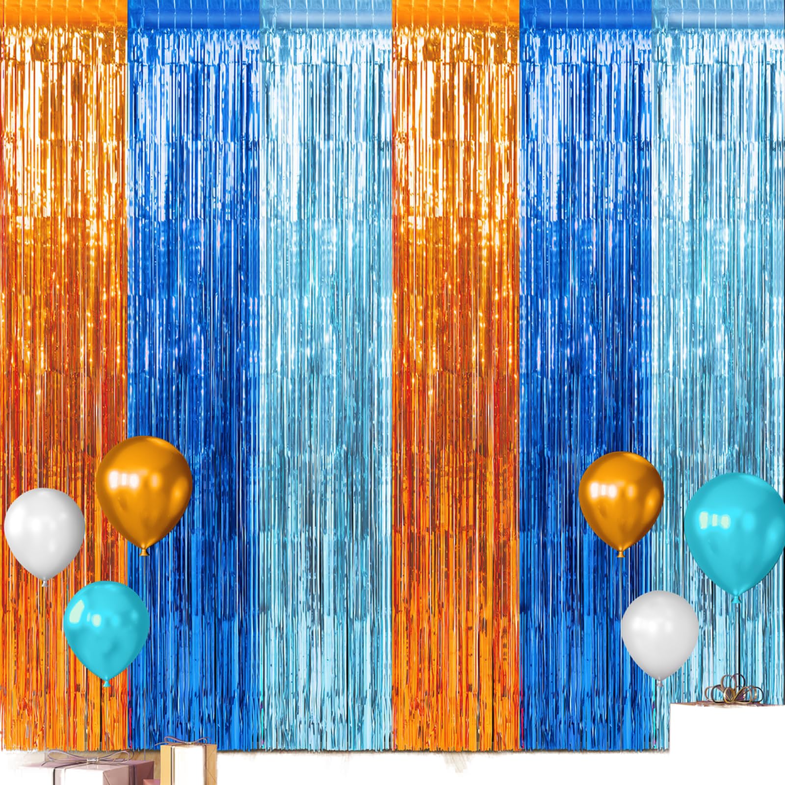 3 Pack 3.3X6.6Ft Blue Dog Foil Fringe Curtains Backdrop Decorations, Orange Blue And Light Blue Birthday Party Tinsel Metallic S
