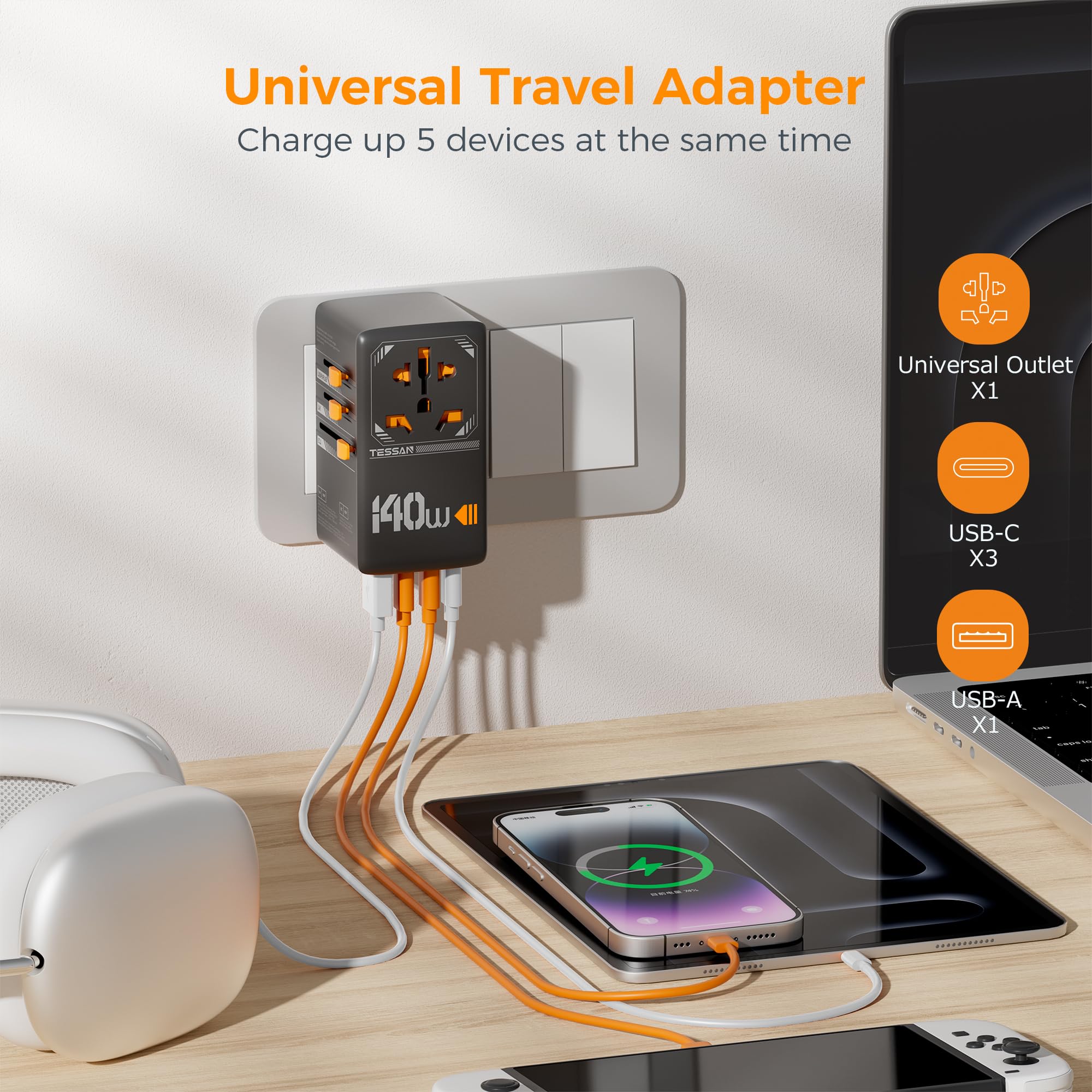 Tessan 140W Gan Universal Travel Adapter, International Plug Adaptor With 3 Usb C And 1 Usb A Charging Ports, Worldwide Power Ou