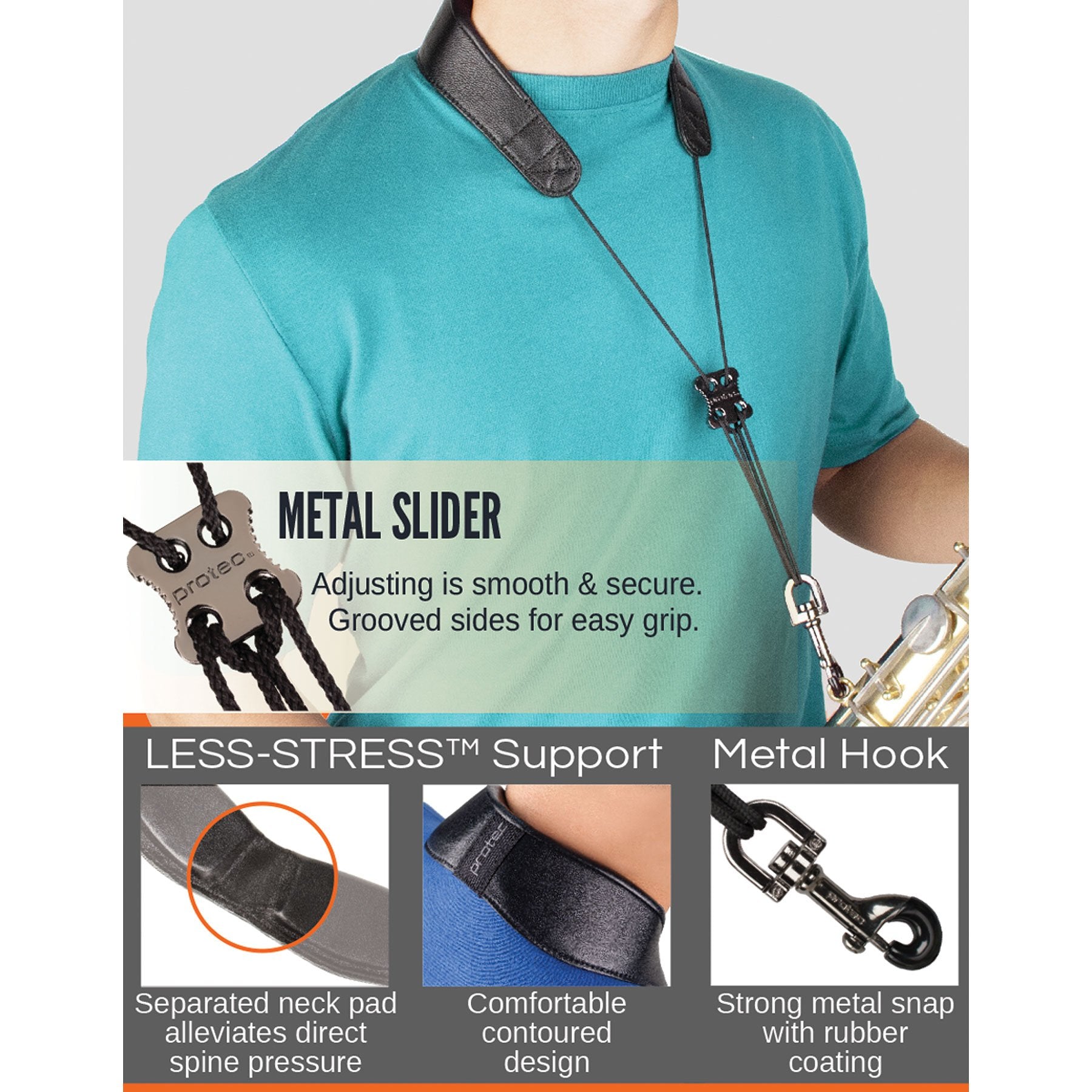 Protec Pro Tec L305M 24 Inch Leather Less Stress Saxophone Neck Strap With Deluxe Metal Trigger Snap Abdominal Support,Black, Ta