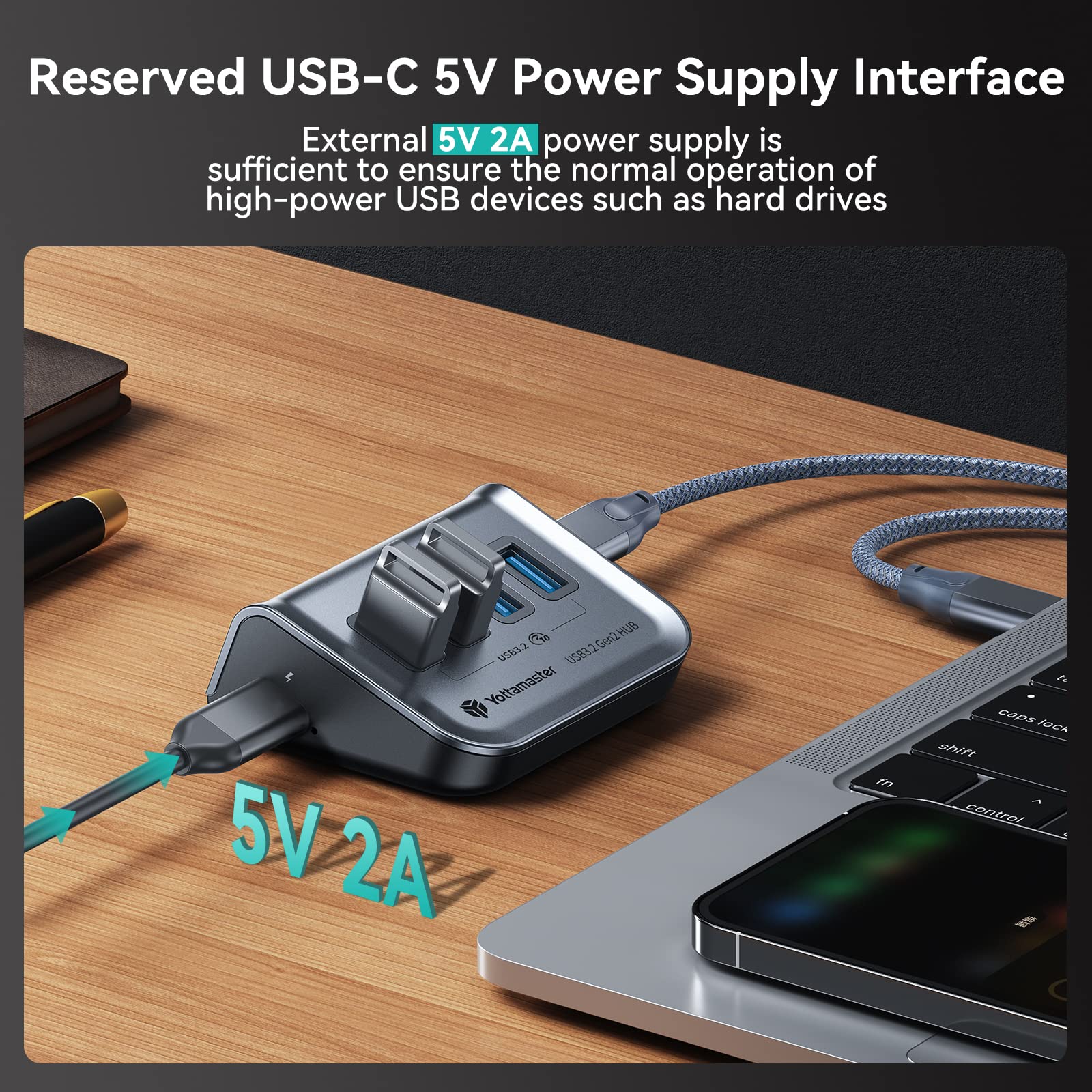 Yottamaster Usb 3.2 Hub 4 Ports, Type C To Usb 3.2 Gen2 10Gbps Data Hub With 4 Usb A, Powered Usb Hub 5V/2A With 1.6Ft Cable For