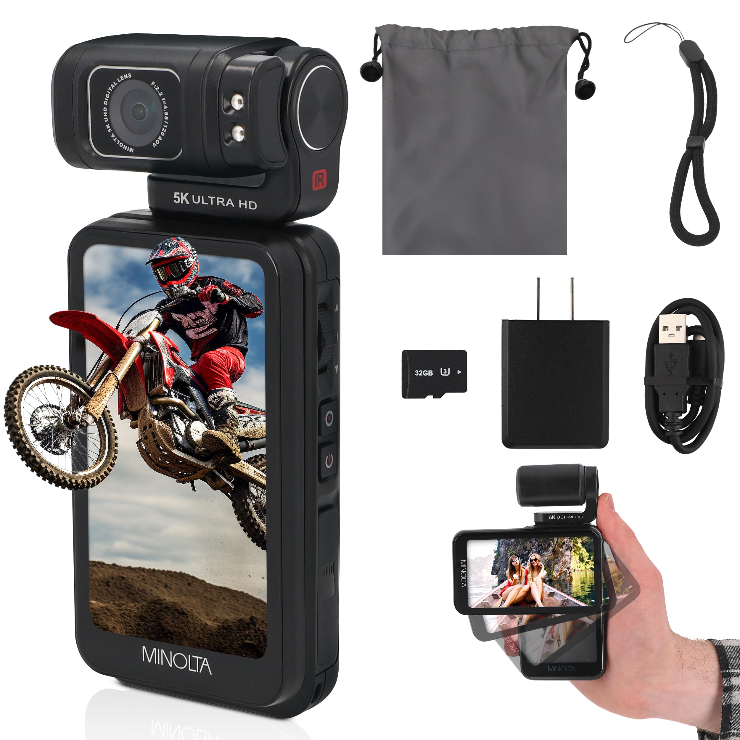 Minolta Pocket Camcorder - 5K Ultra HD Video, 4K at 60fps, 20MP Photos, Night Vision, Motorized 180 Tilting Lens, 3.5    Touchsc