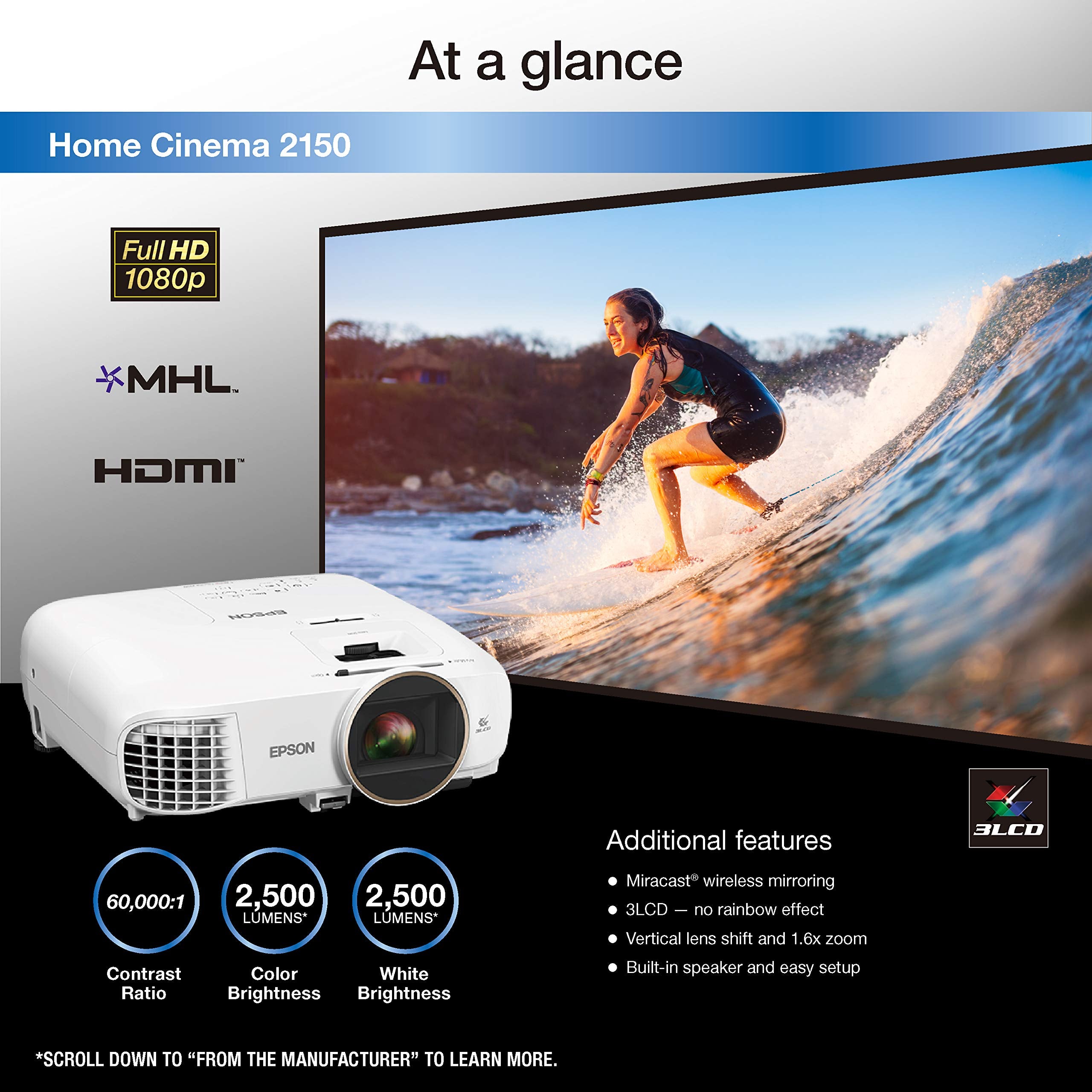 Epson Home Cinema 2150, Wireless, Full Hd, 1080P, 2,500 Lumens Color Brightness (Color Light Output), 2,500 Lumens White Brightn