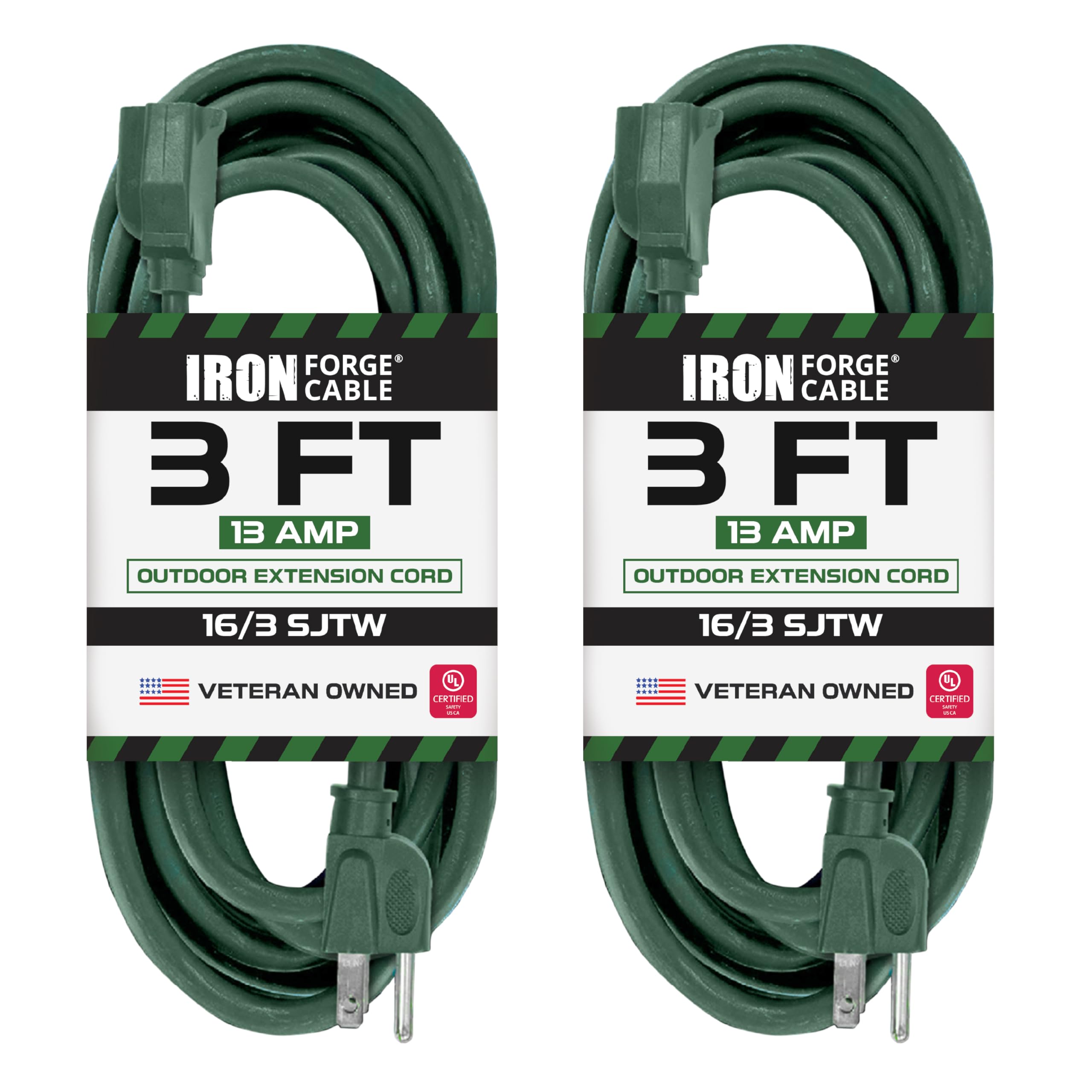 Iron Forge Cable 2 Pack Outdoor Extension Cord 3 Ft, 16/3 Sjtw Weatherproof Green Extension Cord 3 Prong, 13 Amp Heavy Duty Powe