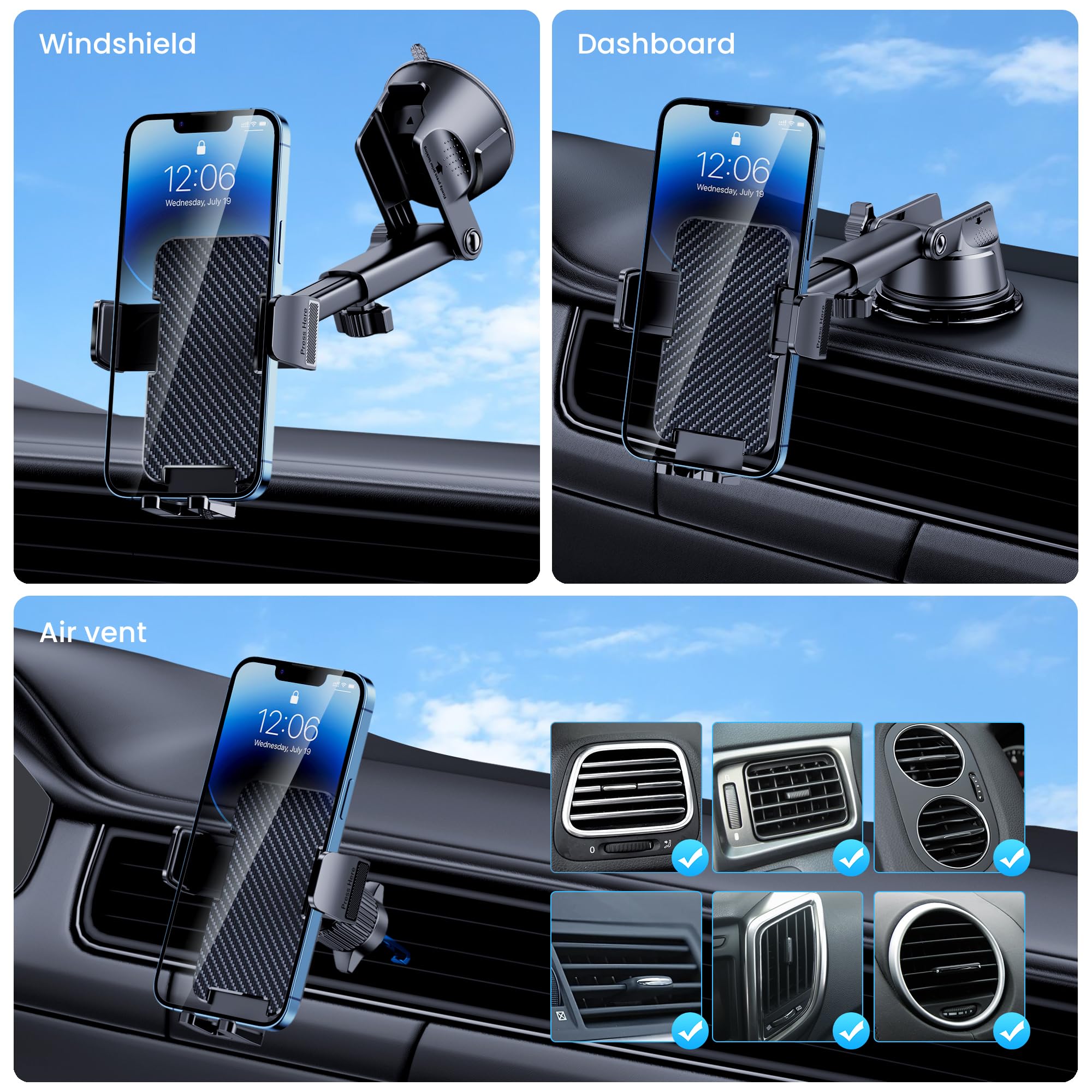 Phone Holder Car [Military Grade Suction Ultra Strong Base] Cell Phone Car Holder 3 In 1 Phone Mount For Car Dashboard Windshiel