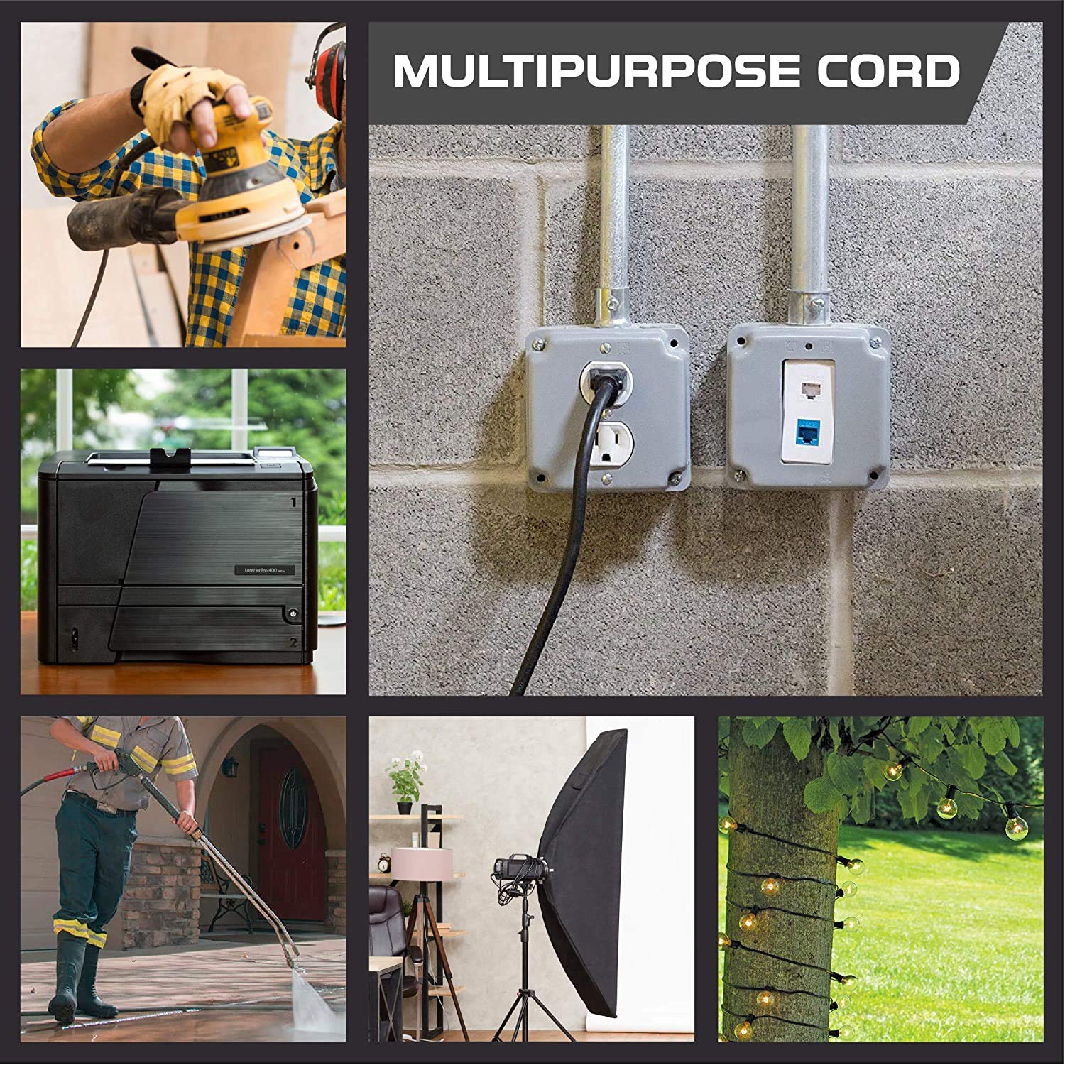 Iron Forge Cable Oil Resistant 15 Amp Heavy Duty Extension Cord 50 Ft 3 Outlet, Sjtow 14 Gauge Black Extension Cord With Multipl