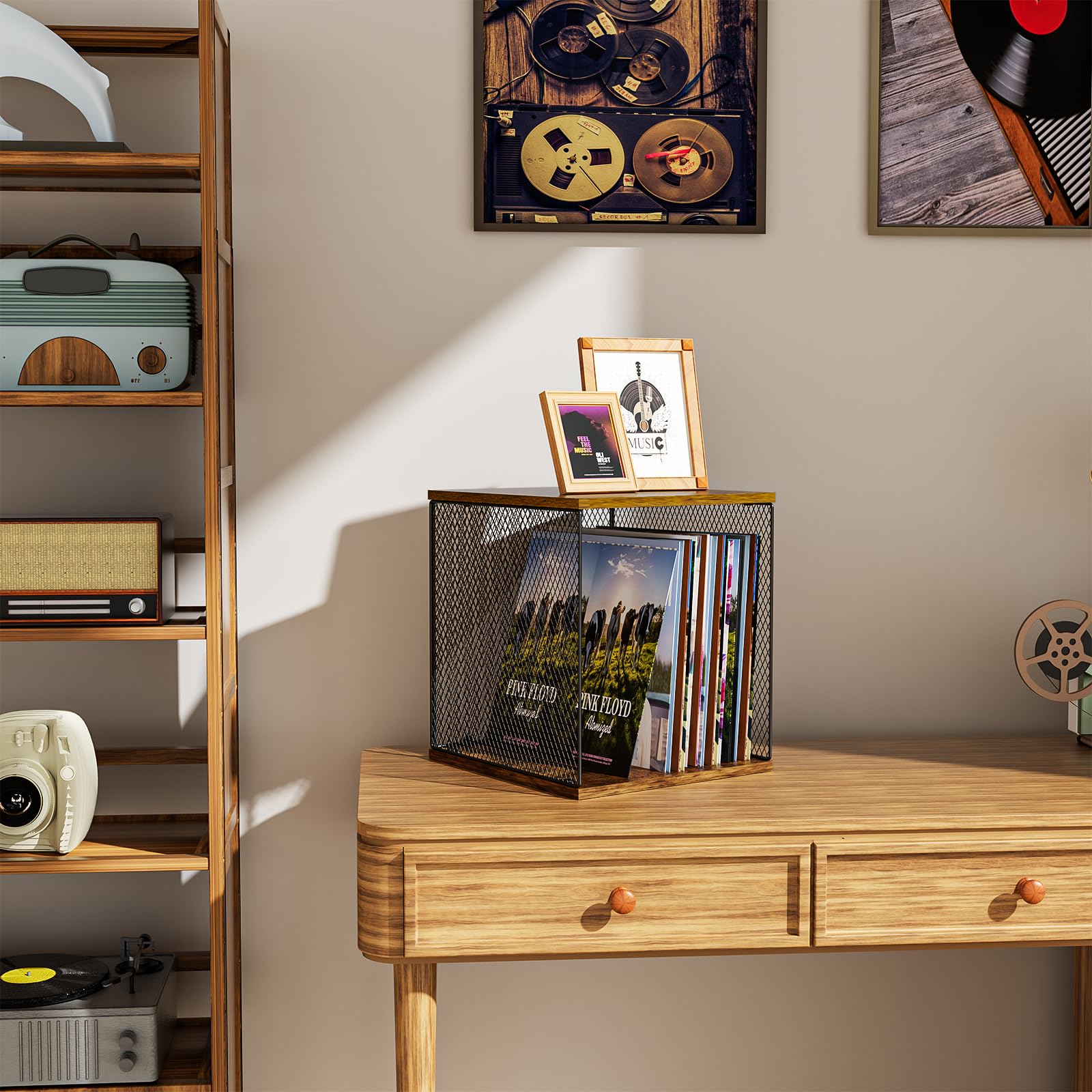 Honkazita Record Holder Shelf Vinyl Record Storage Furniture,Diy Stackable 50 100 Records Visualize Album Storage Box Cube Natur