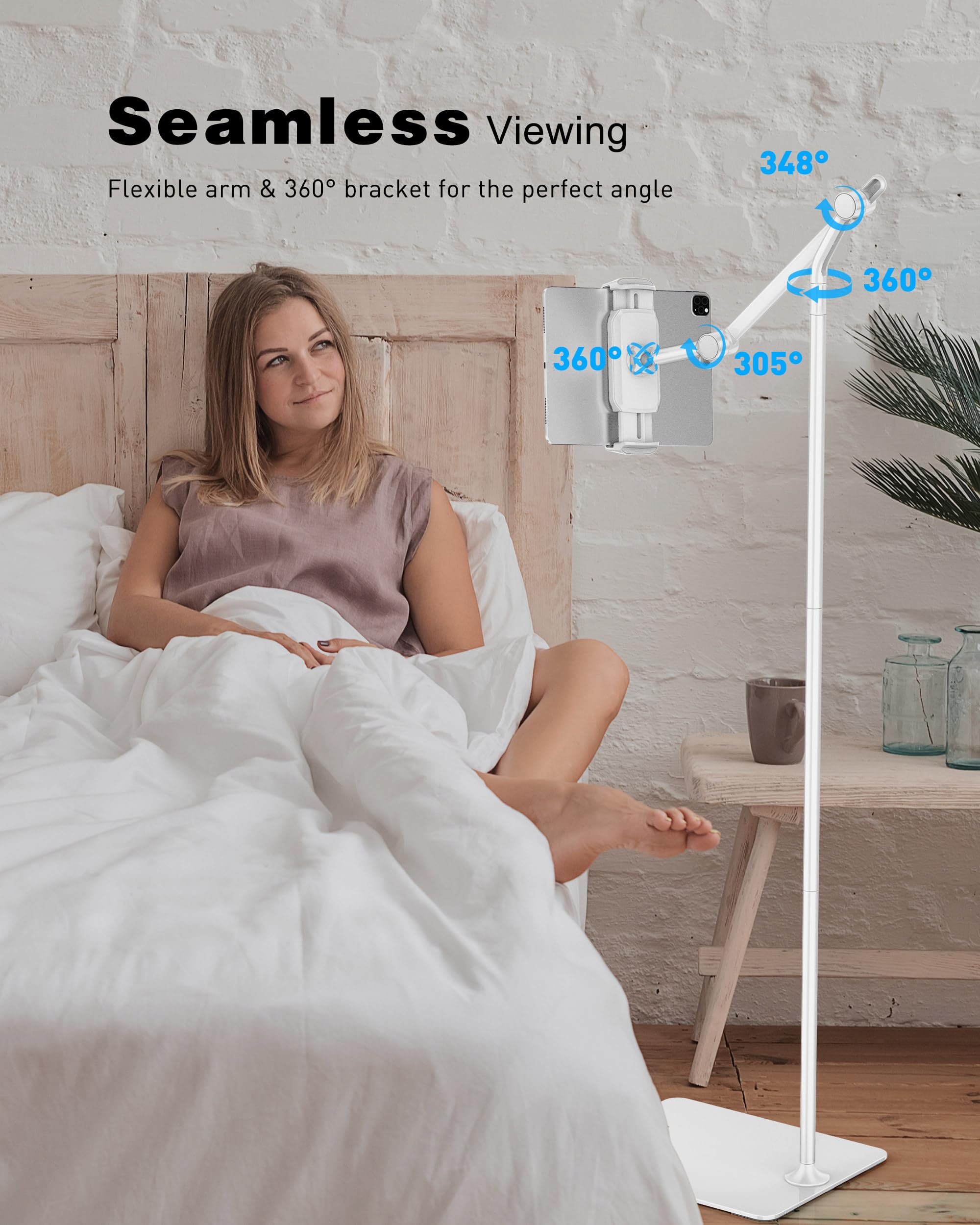 AboveTEK Tablet Floor Stand, Stylish Adjustable iPad Floor Stand, Aluminum 360� Rotation Tablet & Phone Holder for Sofa Bed, Compatible w/ 4.7' 13.5' iPhones, iPad Pro Air Mini 12.9, Kindles (White)